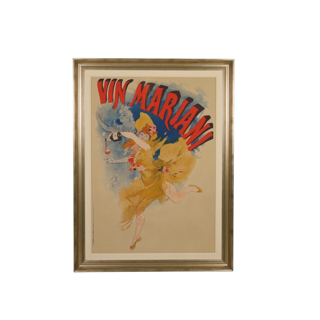 Jules Cheret Vin Mariani 1894 Advertisement Poster: Antique French Art Nouveau wall-sized advertising poster designed by the French artist Jules Cheret (French, born 1836-died 1932), titled Vin Mariani, depicting a dancing woman in a yellow dress