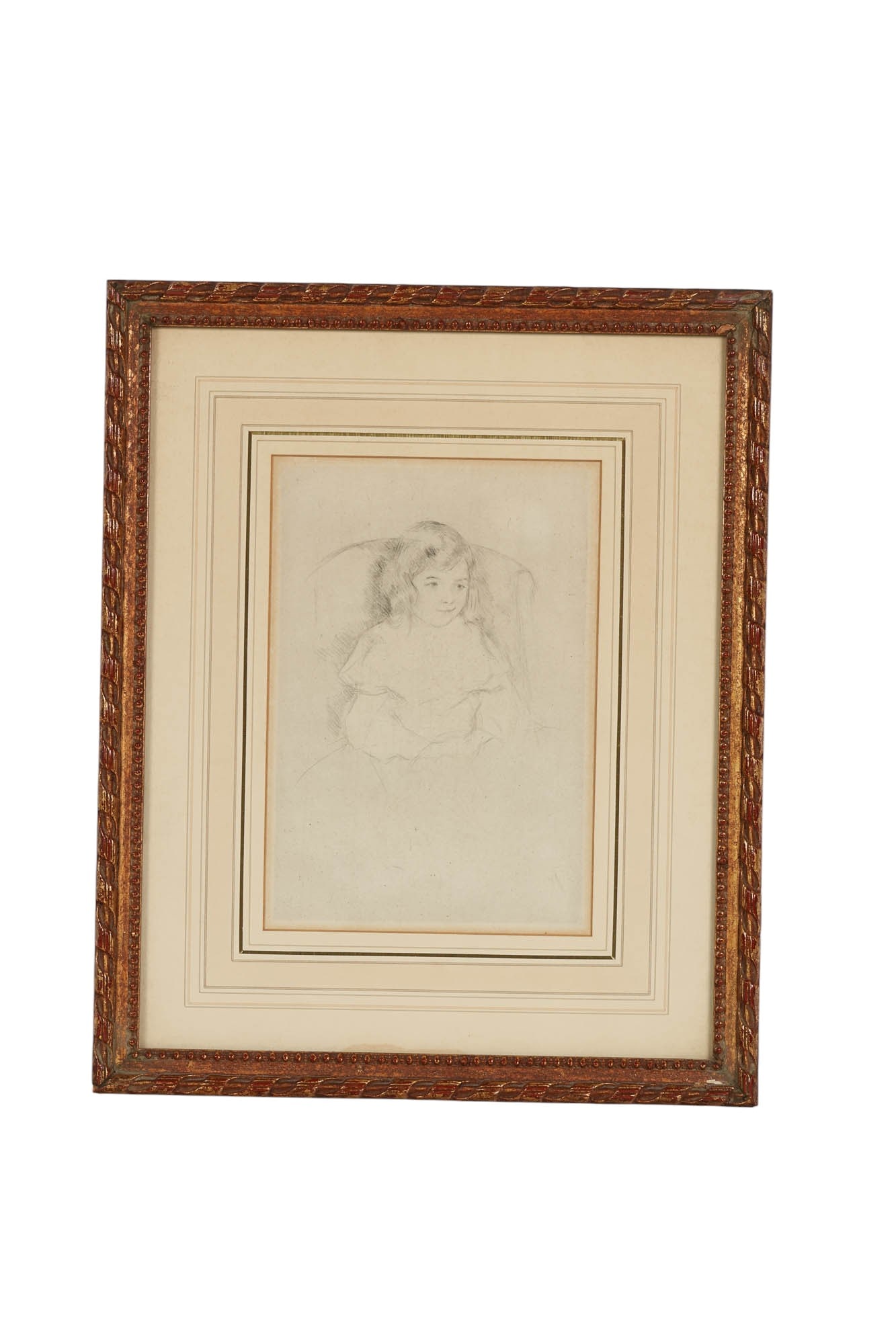 Mary Cassatt 1844-1926 Sara Smiling Etching FRAMED: Mary Cassatt (American, 1844-1926), Sara Smiling, antique drypoint etching on paper depicting a young child seated and facing forward. The print exhibits fine linear detail characteristic of Cassatts