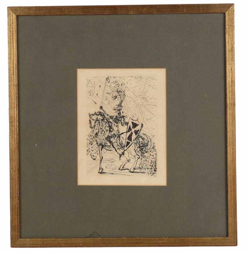 Salvador Dali 1904-1989 El Cid Vintage Etching: Salvador Dali (Spanish, 1904-1989), El Cid, etching on paper depicting a knight on horseback holding a lance and shield, set against a stylized background with Surrealist detailing. The composition