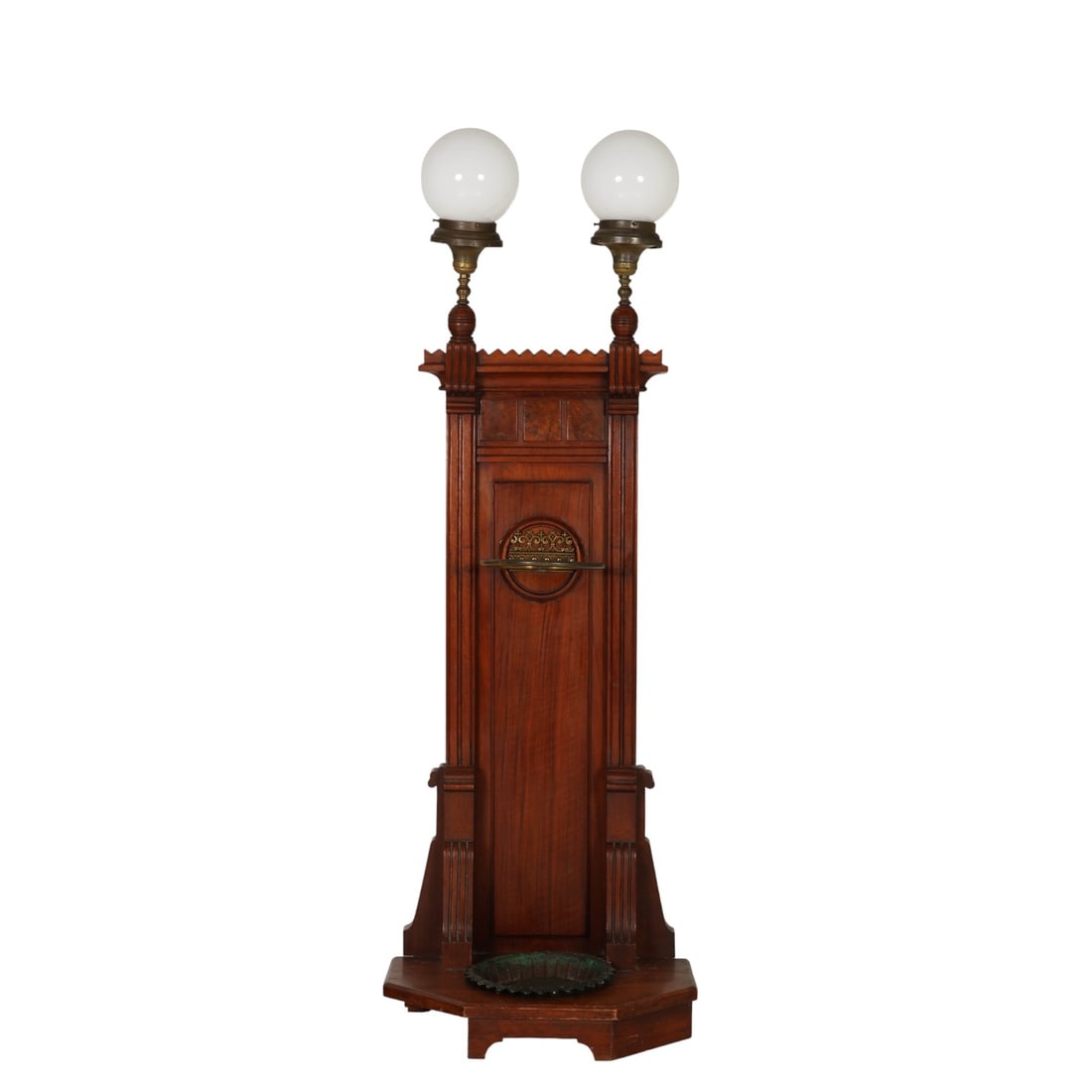 Antique Victorian Umbrella Stand with Globe Lights: Antique carved wood umbrella stand with turned posts supporting two glass globes. The front features a circular umbrella ring and a metal drip tray mounted on a shaped wood base. The back includes an