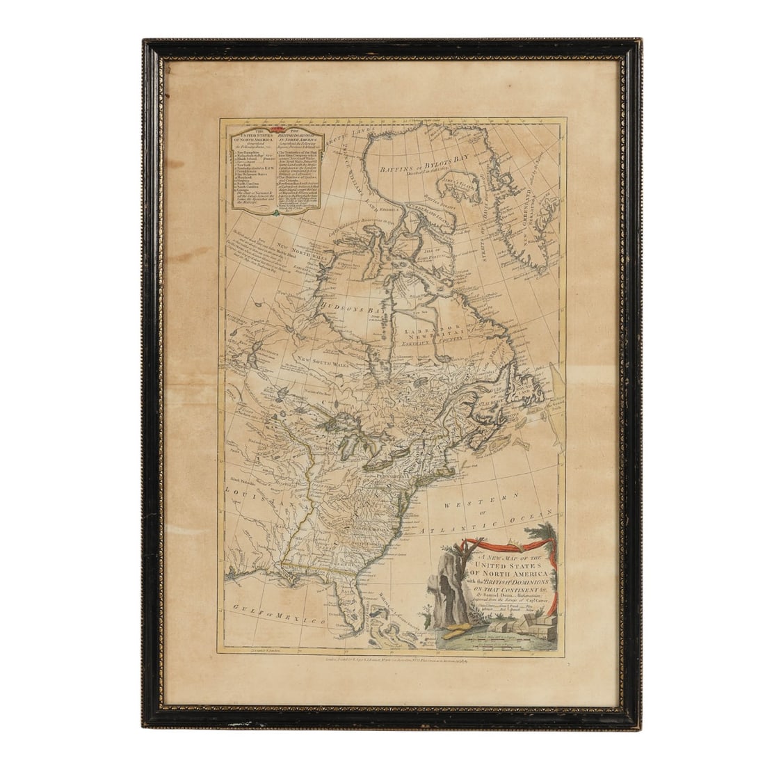 Sayer & J. Bennett Antique 1783 North American Map: Antique engraved color map on paper titled A New Map of the United States of North America with the British Dominions on That Continent, created by Samuel Dunn and published October 24, 1783, by R.