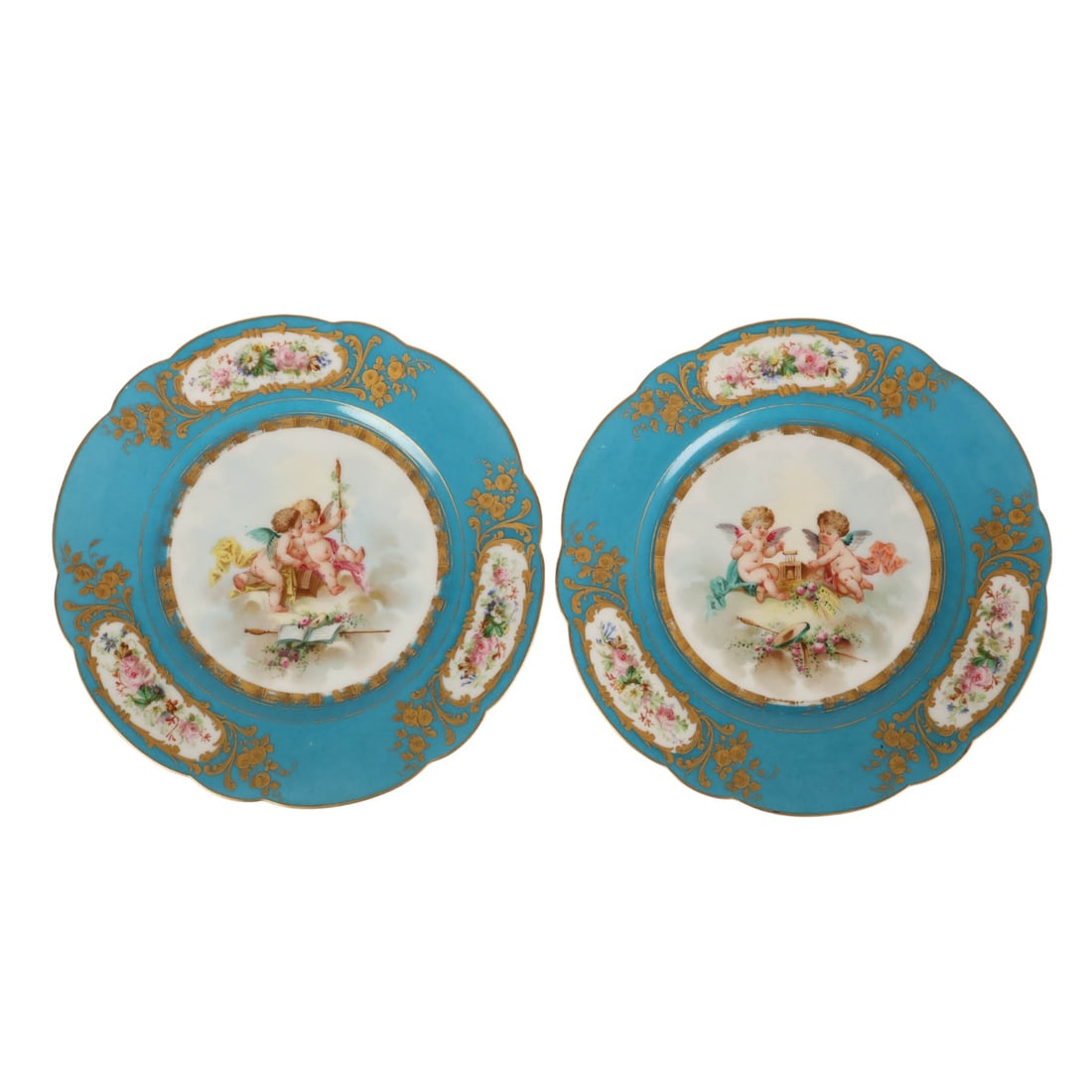 Antique French Sevres Porcelain Angel Plates LOT: Pair of French antique porcelain plates attributed to Sevres, each featuring a central hand-painted figural scene with putti surrounded by musical and floral elements, framed by gilt highlights. The t