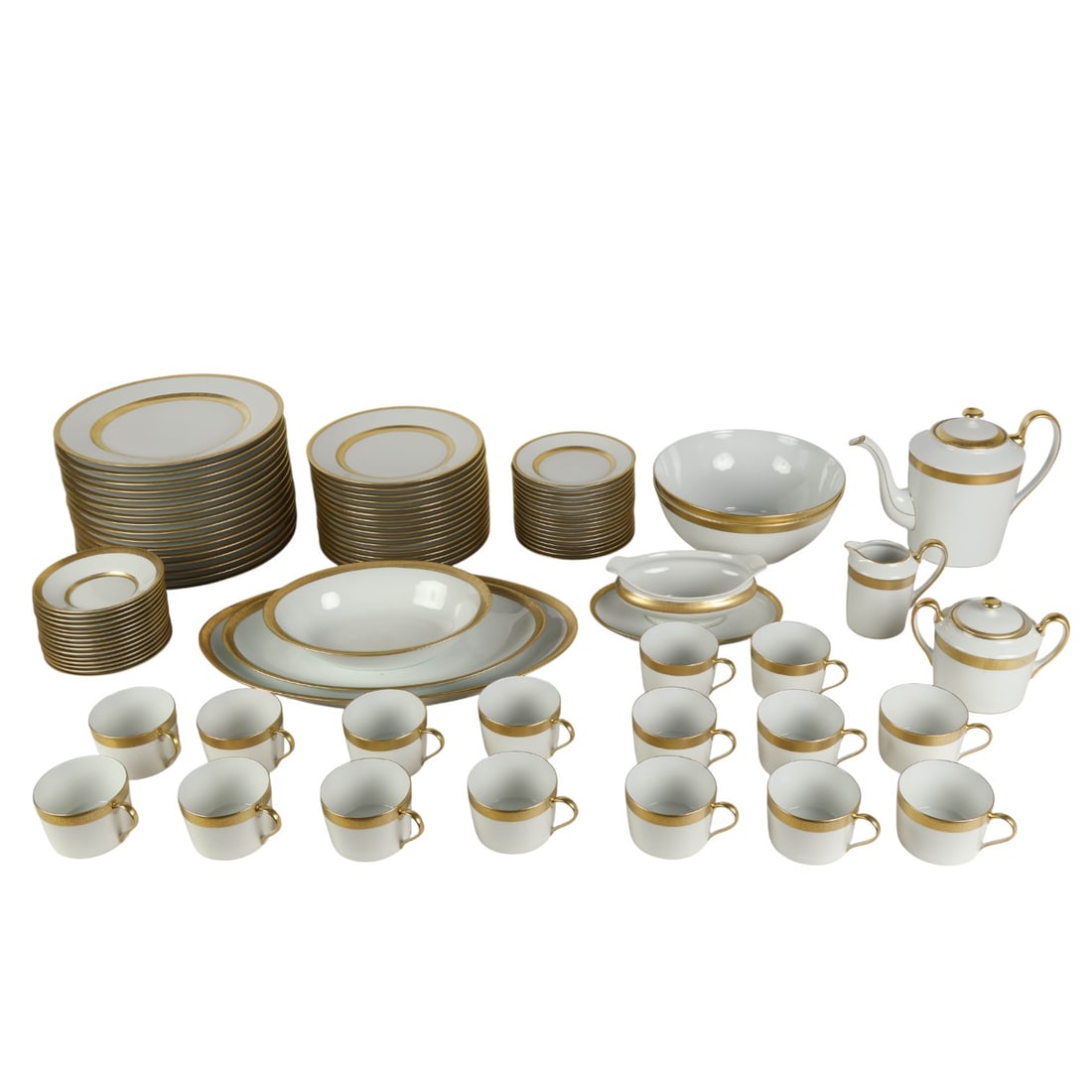 Faberge Agathon Limoges Porcelain Dinnerware SET: Faberge porcelain 92-piece dinnerware set in the retired / discontinued Agathon pattern, made in Limoges, France. Design features a white glossy finish accented with a gold encrusted Greek key motif.