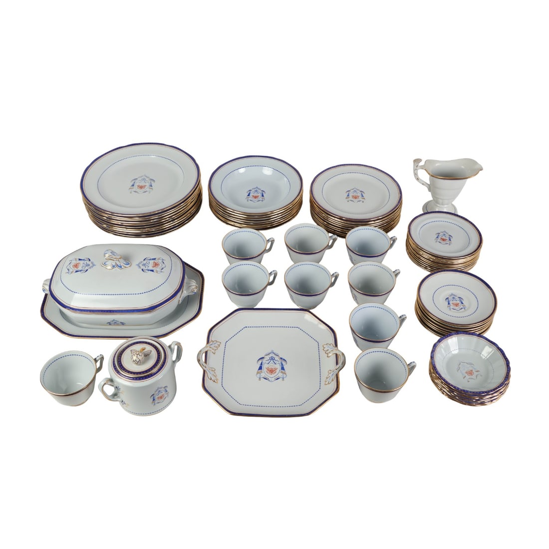 Copeland Spode Independence Stoneware China SET: 68-piece Copeland Spode England stoneware dinner service in the Independence pattern, featuring a patriotic Early American-inspired design. The set is decorated with red and blue shields, crests,