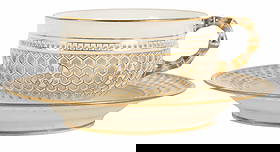 Antique Sevres Porcelain Reticulated Cup & Saucer: Sevres French porcelain teacup and saucer featuring distinctive honeycomb pierced lattice borders with gilt decoration. Both pieces are marked Dore a Sevres with painted date marks for 1889 and 1890,