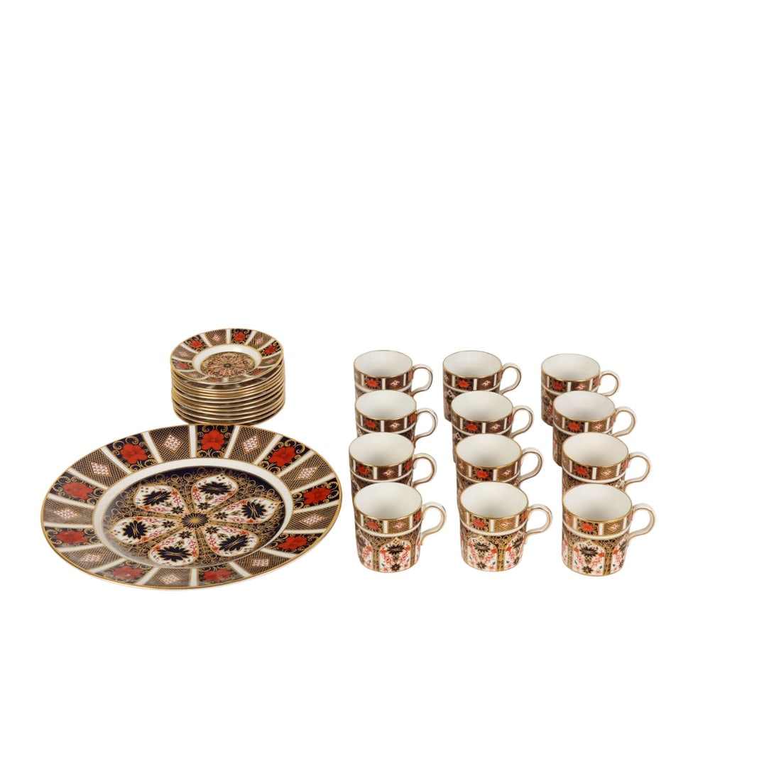 Royal Crown Derby Imari Porcelain Dinnerware SET: 25-piece lot of Royal Crown Derby porcelain china in the Japanese Imari pattern, featuring a classic cobalt blue, reddish orange, and gilt trim design. The set includes 12 demitasse cups and saucers