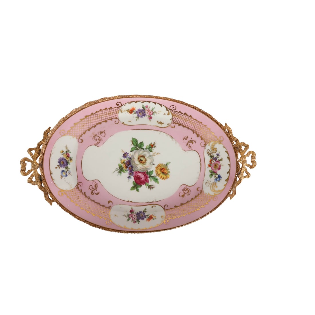 Limgoes France Bronze Mounted Pink Porcelain Tray: Limoges hand painted porcelain tray with floral decoration, mounted in an ornate gilt metal frame with scrolled handles and feet. The oval porcelain surface features multicolor floral sprays on a