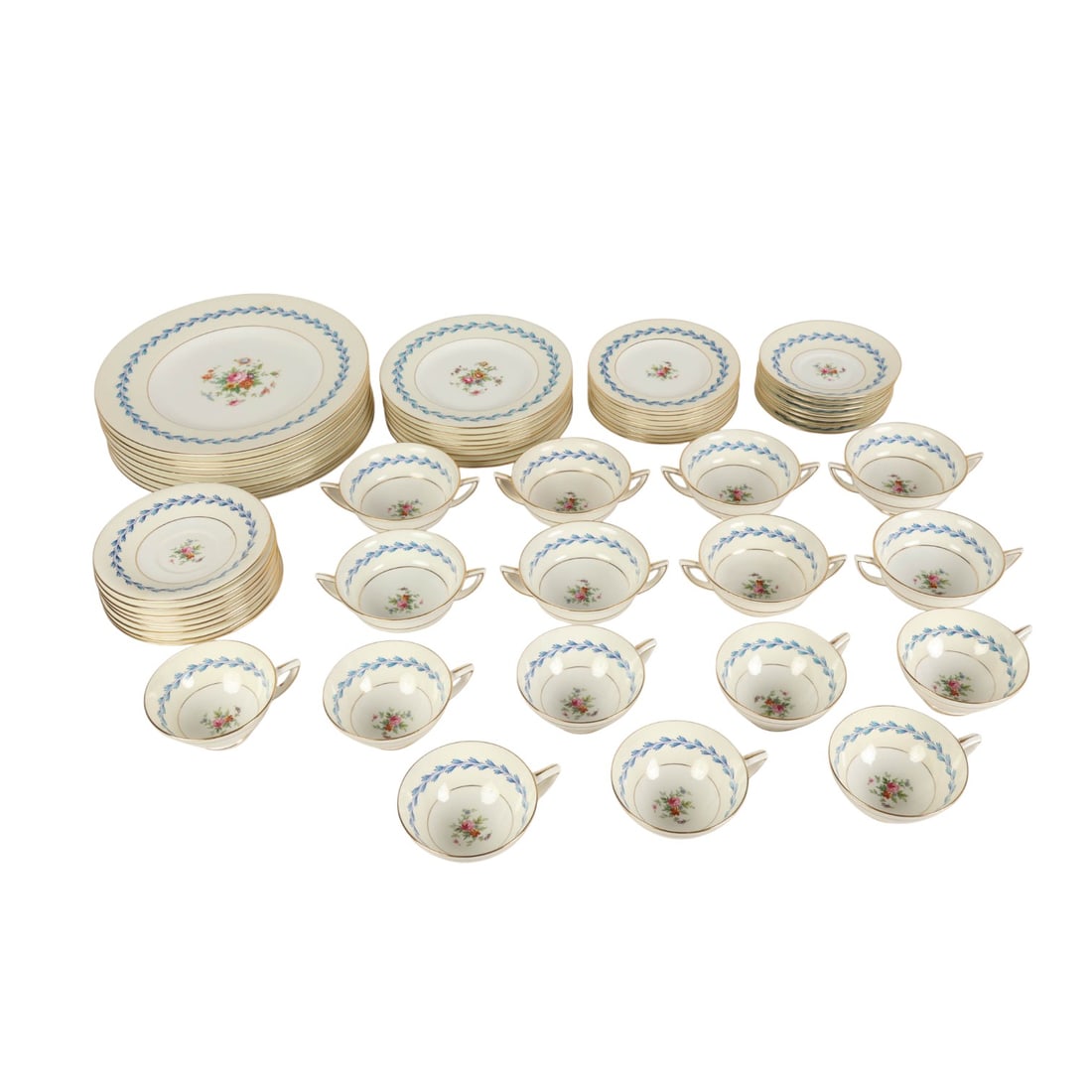 Minton English Bone China S383 Dinnerware 55pc SET: Minton English bone china 55-piece service for eight dinnerware set in the S-383 pattern, featuring a cream-colored ground with a blue enameled foliate border and rose flower center, with gilt trim.