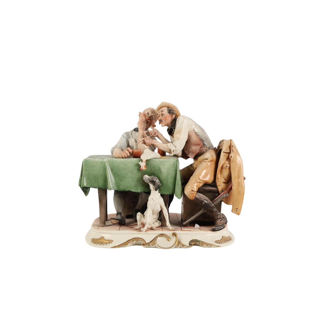 Cappe Italian Hunting Tales Porcelain Figurine: Giuseppe Cappe (Italian, 1921-2008), Hunting Tales, Italian hand-painted porcelain figural grouping for Capodimonte, depicting two men seated at a table in conversation, with a dog seated at their