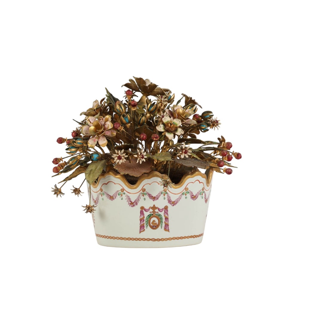 Jane Hutcheson Gorham Enamel Flower Arrangement: Floral arrangement attributed to Jane Hutcheson for Gorham, featuring enameled and gilt metal flowers set in a porcelain cache pot. The porcelain container is decorated with painted garlands and