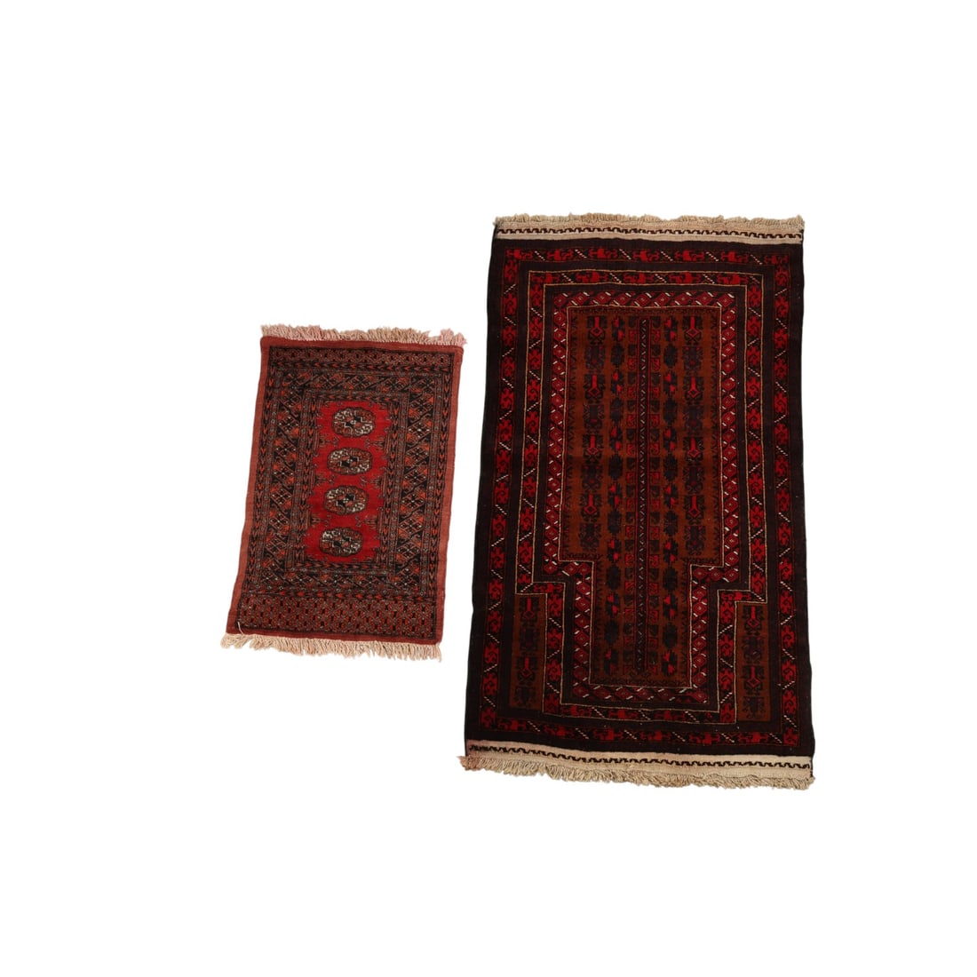 Hand Knotted Wool Tribal Area Carpet Rugs 2pc LOT: Lot of two wool tribal rugs. One features a camel field with stepped mihrab and geometric borders. The other has a red field with repeating medallion motifs and multiple guard borders. Both exhibit