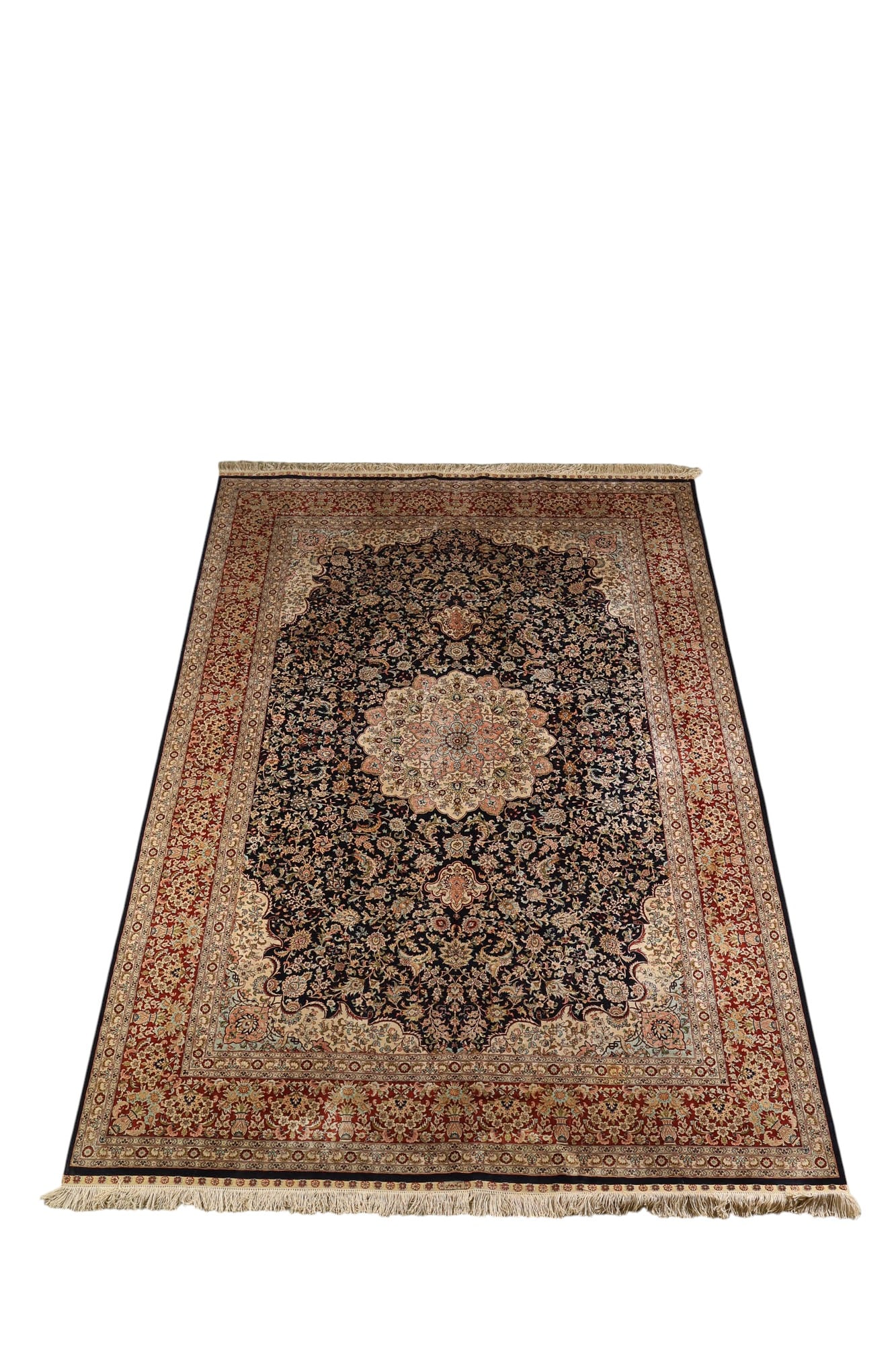 Hand Knotted Silk Oriental Style Area Carpet Rug: Hand woven silk rug featuring a central medallion flanked by scrolling floral and vine motifs throughout a navy ground. The field is enclosed by multiple guard bands and a main border with vase and