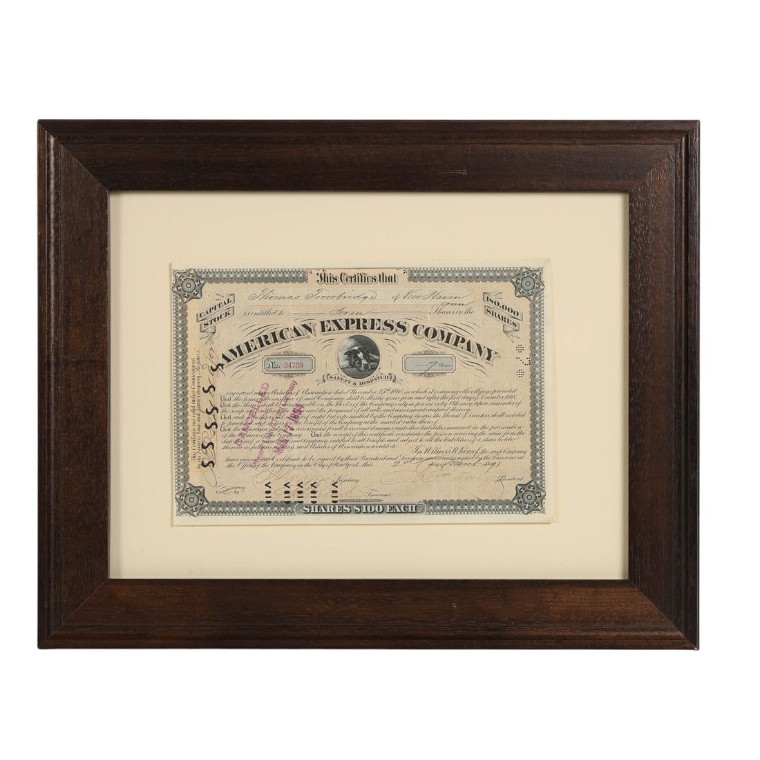 American Express Stock Certificate Mr Fargo SIGNED: Antique 1894 American Express Company stock certificate issued for seven shares to Thomas Southgate of New Haven, Connecticut. The certificate is printed with engraved details and marked CANCELLED by