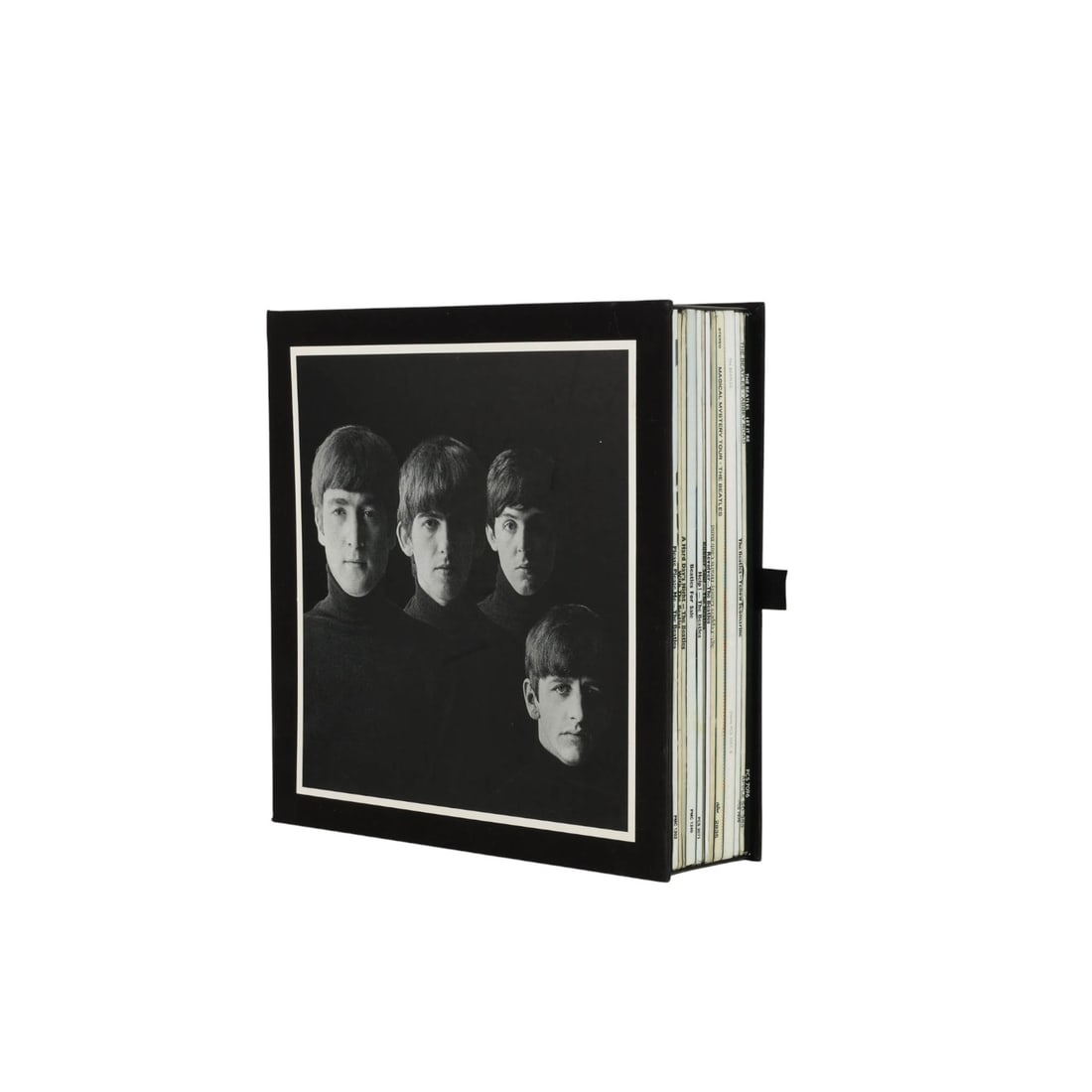 Beetles Box of Vision CD Collection Art Book SET: The Beatles Stereo Box Set, including a comprehensive collection of thirteen Beatles CDs featuring their studio albums in stereo, presented in a black collectors box with a custom inner lining. The