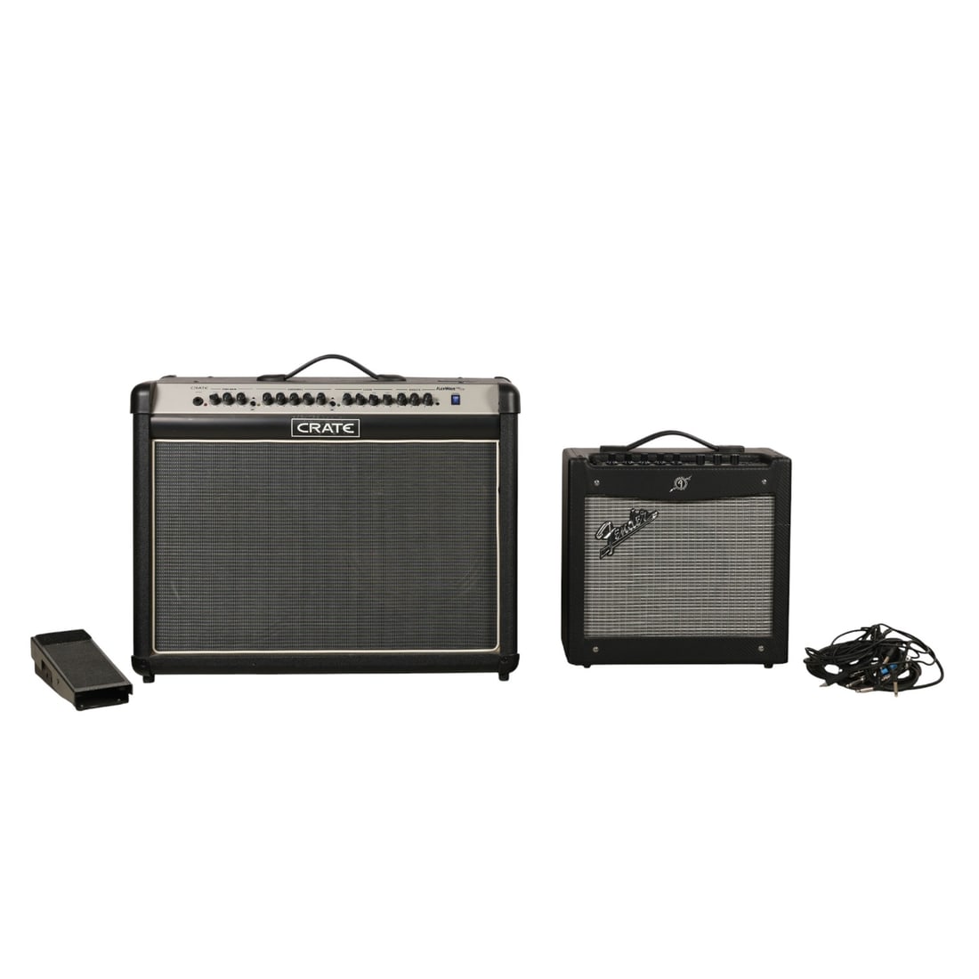 Crate FlexWave and Fender Mustang Guitar Amps LOT: The lot includes two guitar amplifiers and a volume pedal. The first amplifier is a Crate FlexWave 120/212 model with dual 12-inch Crate Custom Design speakers and integrated digital effects and