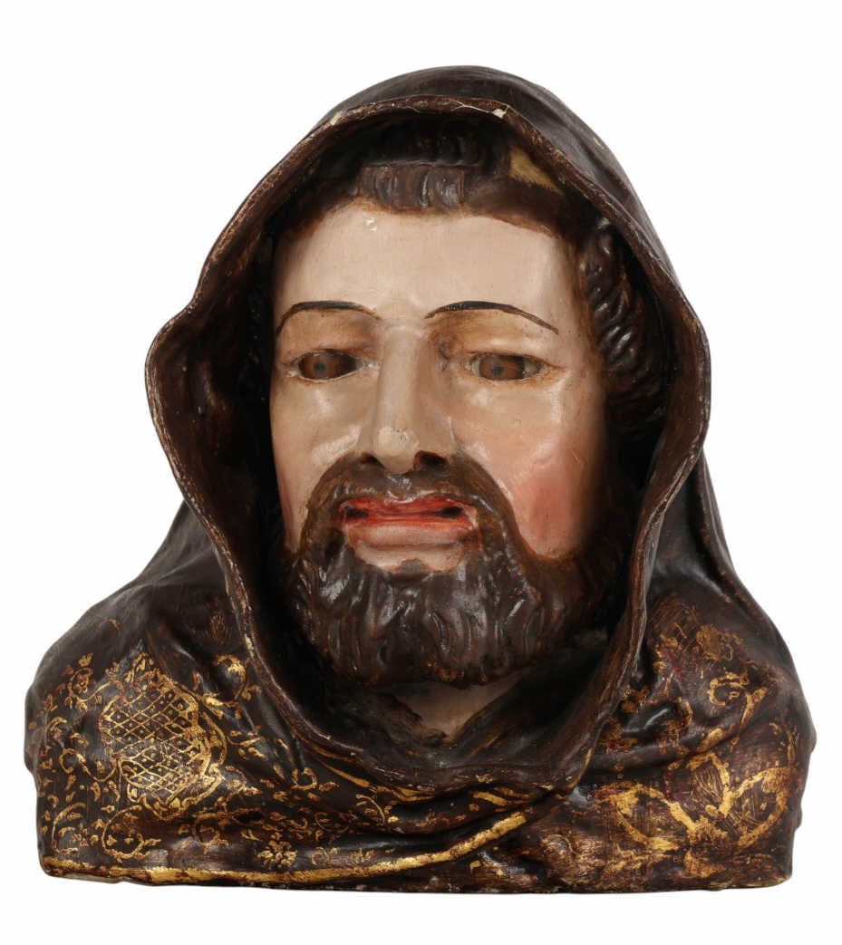 Antique Paper Mache Bearded Religions Figure Bust: Antique hand made papier-mache bust depicting a bearded religious or saintly figure with inset glass eyes, modeled wearing a hooded garment and featuring hand-painted and gilt details. No apparent