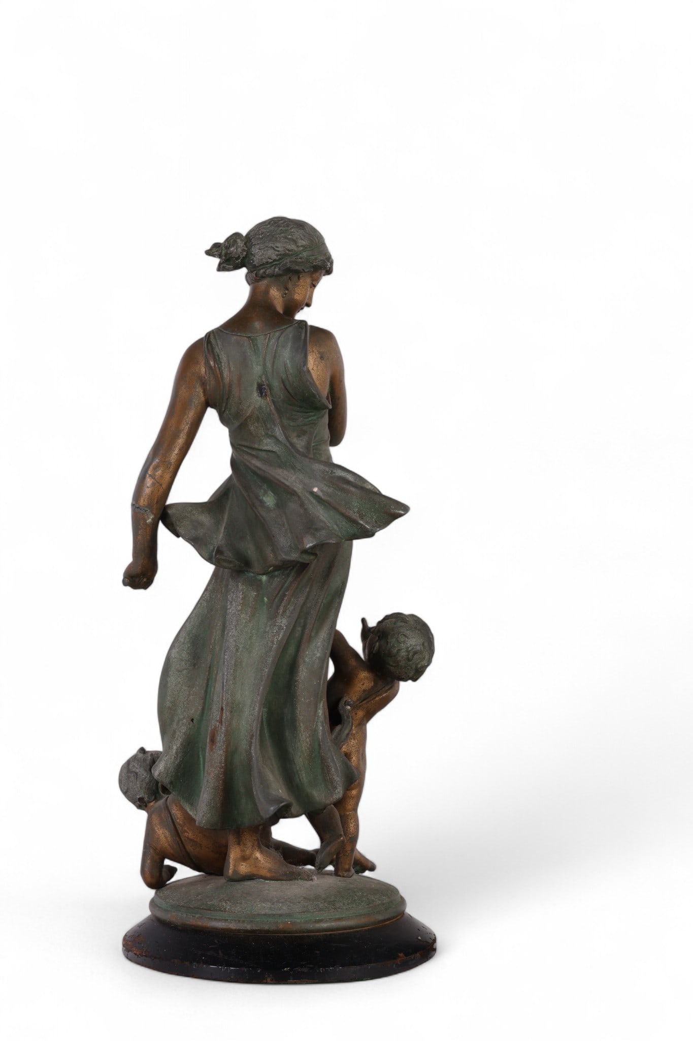 Bronzed Venus with Cupids Sculpture after Dumaige: Figural cast spelter sculpture after Henry Etienne Dumaige (French, 1830-1888), depicting a standing woman in classical drapery teasing two putti at her feet. Finished in a bronzed patina and mounted