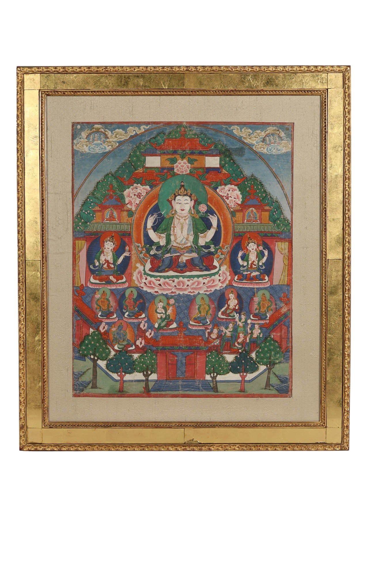 Tibetan Buddhist Antique Thangka Gouache Painting: Antique Chinese silk scroll thangka painting in the Tibetan School style, depicting a central Gautama Buddha figure seated on a lotus, surrounded by a profusion of additional Buddha and bodhisattva