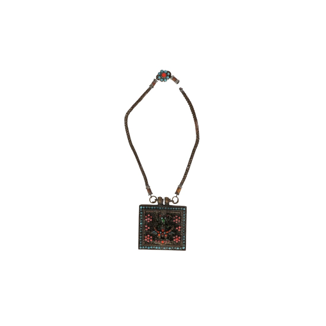 Tibetan Turquoise Coral Inlay Prayer Box Necklace: Antique Tibetan prayer box-style necklace featuring a woven metal chain and a large square pendant. The pendant is decorated with applied metal filigree and a raised figural motif at the center