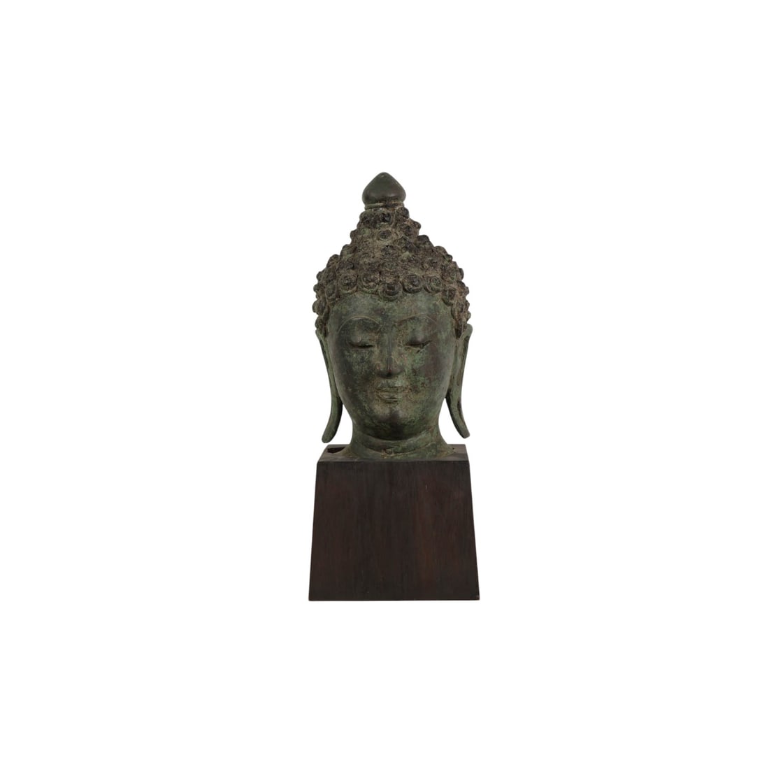 Southeast Asian Thai Bronze Buddha Head Sculpture: Southeast Asian bronze Buddha head sculpture on a wood block base. The head is modeled with tightly coiled curls, arched brows, elongated ears, and a domed ushnisha finial. The sculpture is mounted