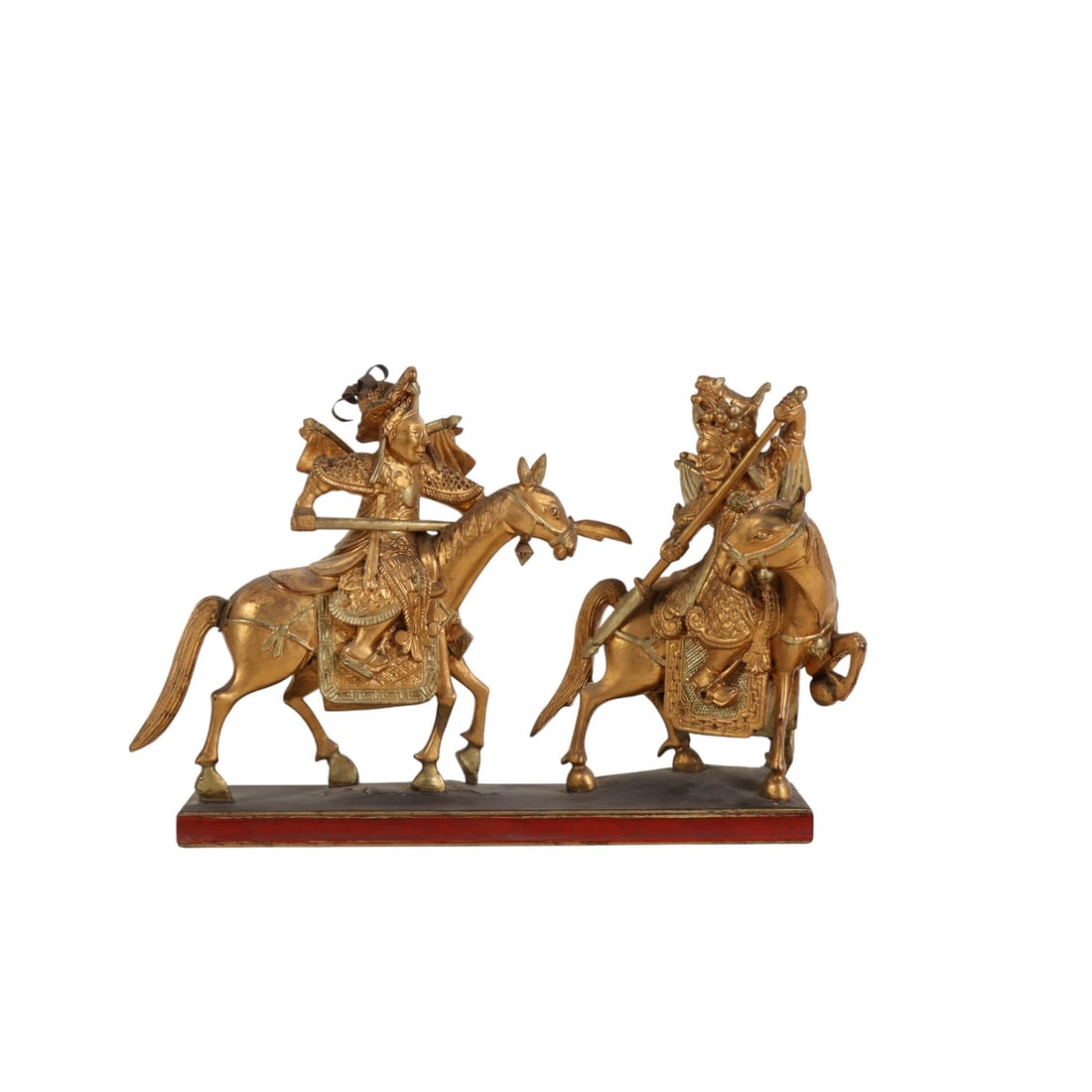 Chinese Gilt Carved Wooden Horse Warriors Statue (1 of 10)