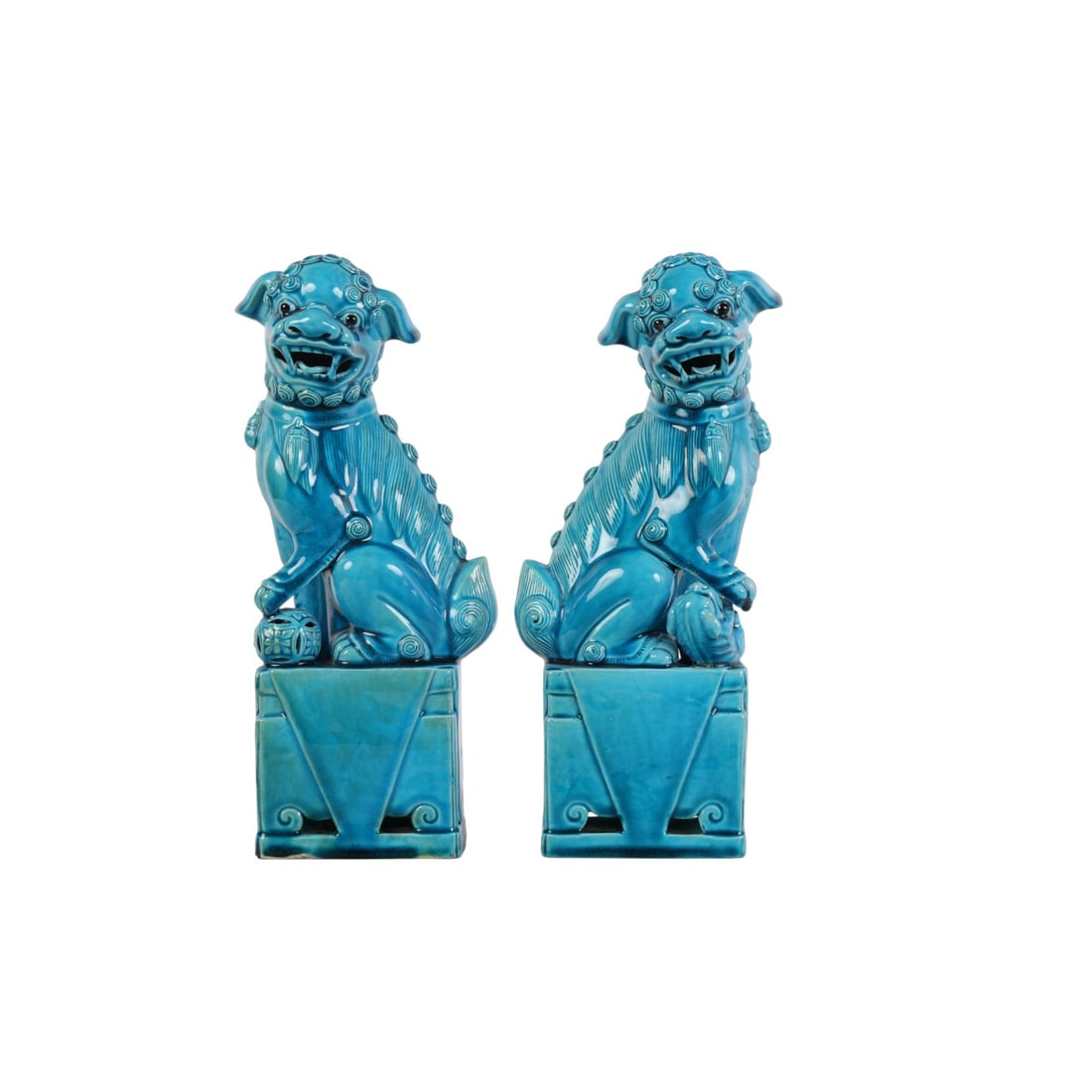 Chinese Pair of Turquoise Glaze Porcelain Foo Dogs (1 of 9)