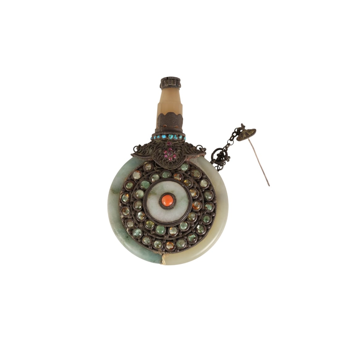 Chinese Jade Jeweled Silver Tibet Temple Object (1 of 3)