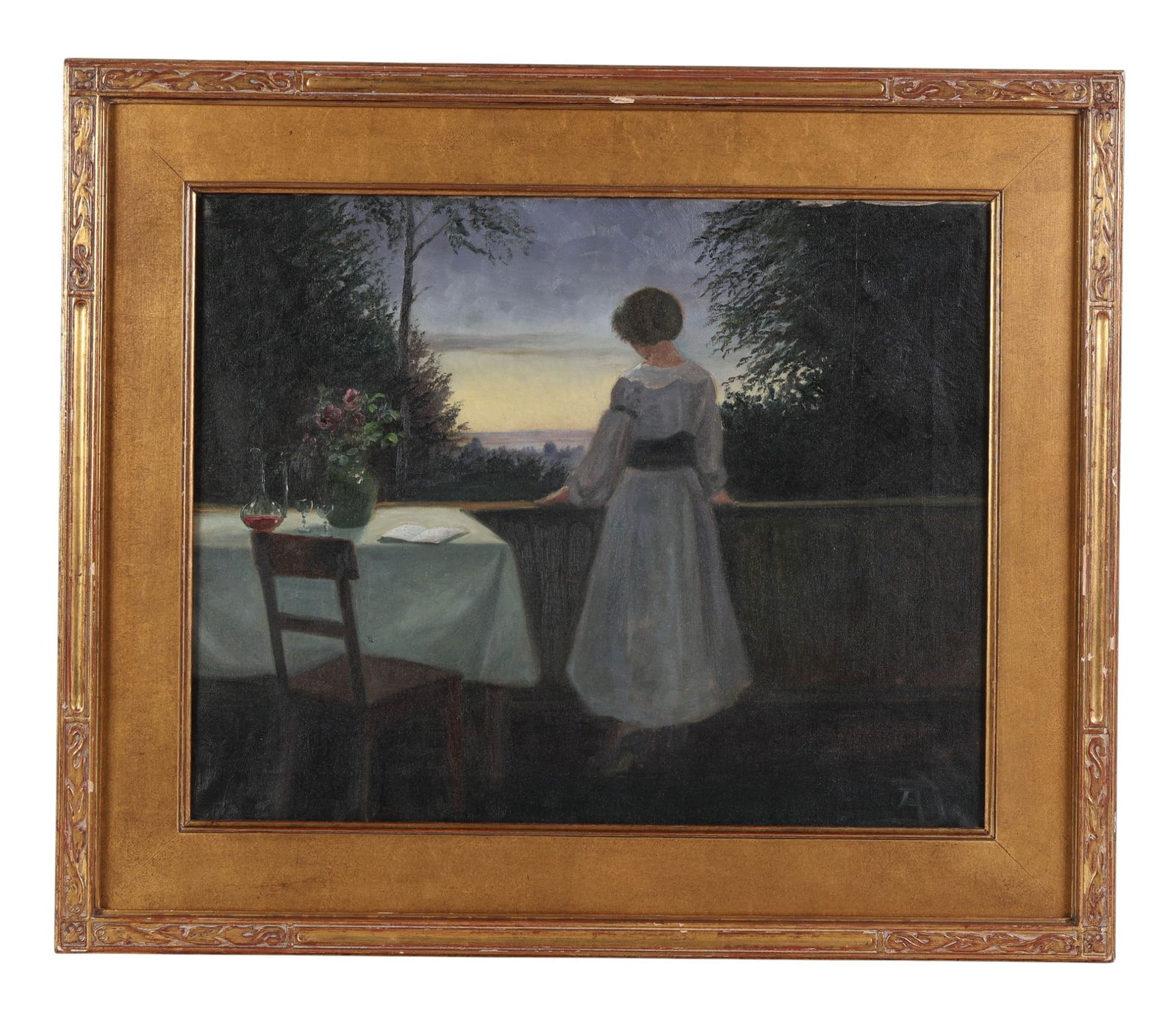 Woman on Terrace at Sunset Oil Painting SIGNED (1 of 9)