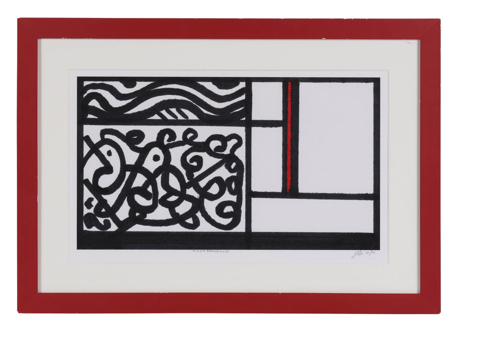 Abstract Black White Composition Lithograph SIGNED: Lithograph on paper featuring an abstract composition in black, white and red with linear forms and symbolic patterns. Pencil signed lower right, numbered 01/10 and titled in the center. Verso with a