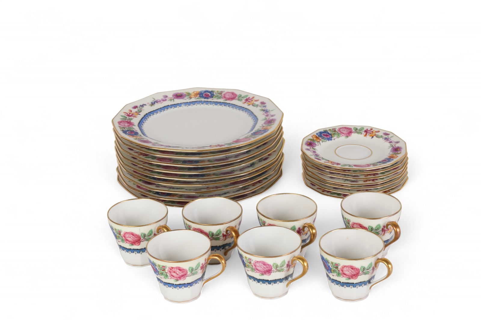 Limoges Porcelain Floral Gold Trim Tea Dessert SET: Charles Ahrenfeldt, Limoges French porcelain service comprising seven demitasse cups with matching saucers and nine dessert plates, for a total of twenty-three pieces. Each piece is finely decorated