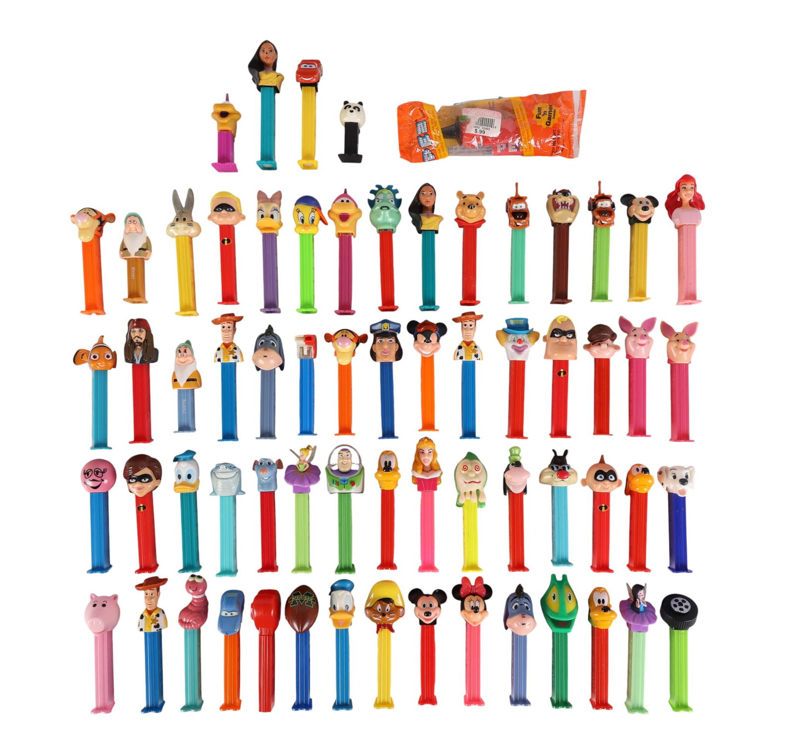 Disney Toy Story Finding Nemo Cars Pez Dispensers: Assortment of approximately fifty five plus Pez candy dispensers featuring characters from Disney, Pixar, and related franchises. Includes Toy Story (Woody, Buzz Lightyear, Jessie, Forky), Finding Nem