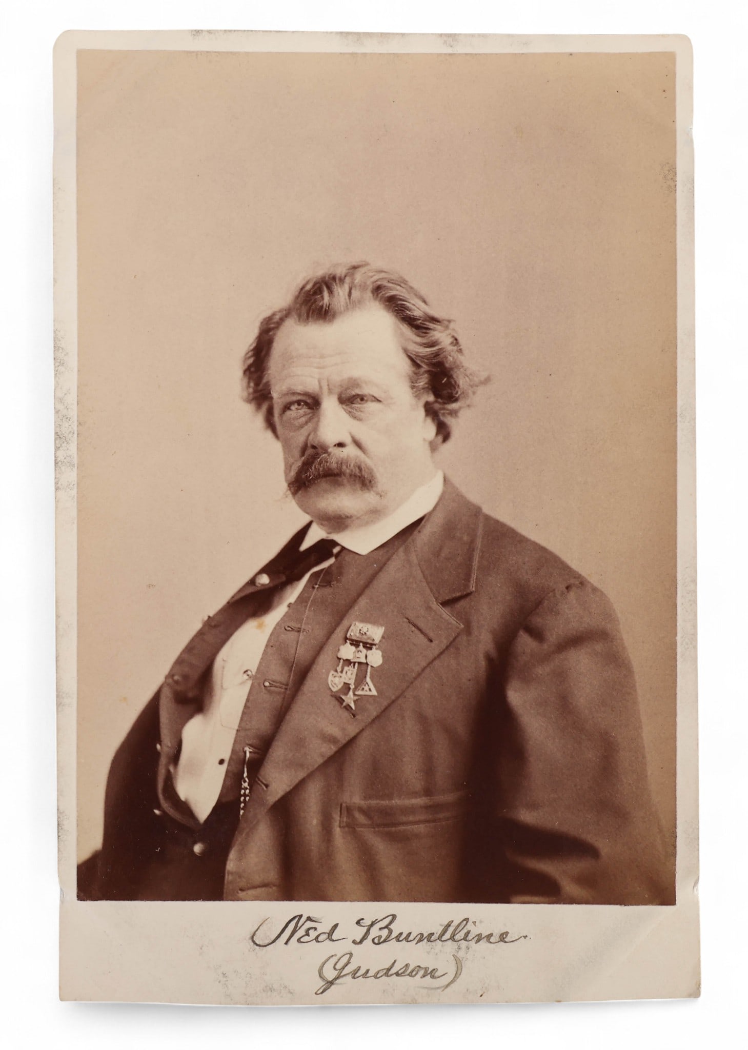 19th Century Cabinet Card Photograph Ned Buntline: Antique cabinet card portrait of Ned Buntline (Edward Zane Carroll Judson), the prolific American publisher, journalist, and dime novelist, credited with popularizing the legends of the American West