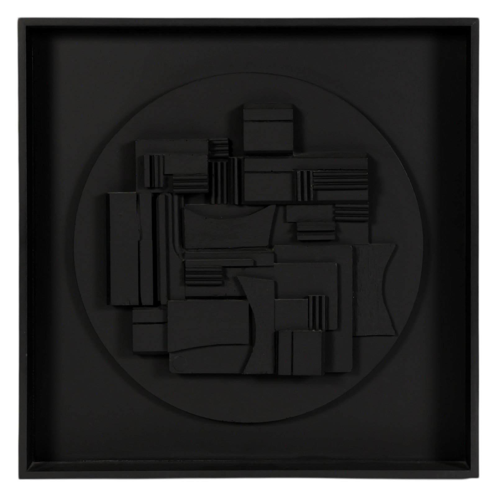 Louise Nevelson 1899-1988 Full Moon LE 1980 SIGNED: Louise Nevelson (American, 1899-1988), Full Moon, 1980, cast polyester resin relief sculpture featuring layered geometric forms arranged in a circular composition. The piece reflects Nevelsons iconic