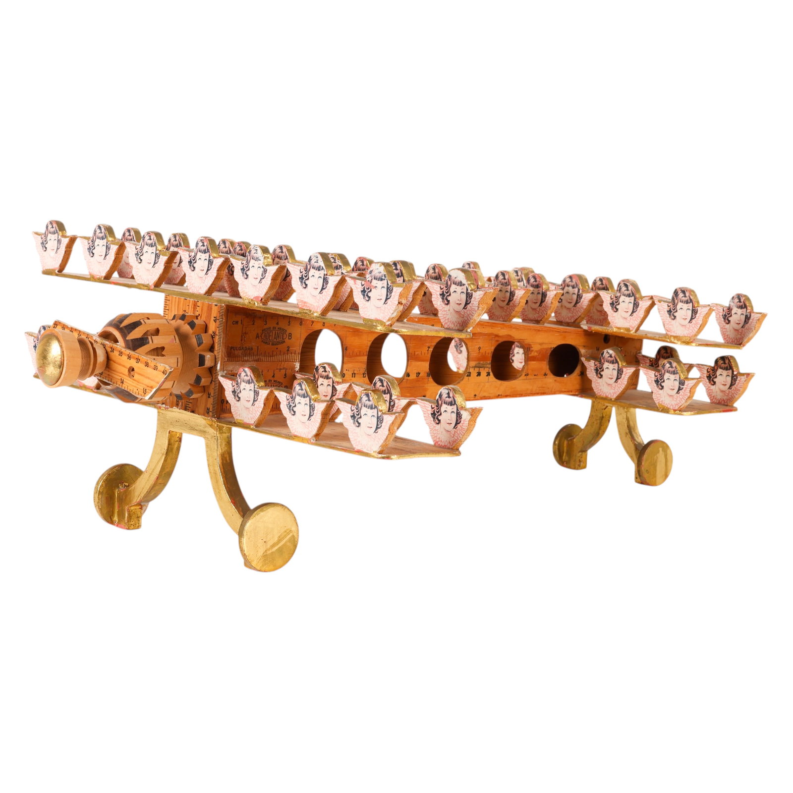 Pedro Friedberg (b.1936) Airplane Sculpture SIGNED: Pedro Friedeberg (Mexican, born 1936), Airplane, a whimsical and intricately crafted wood and mixed media assemblage sculpture. The work features a fantastical airplane form constructed from interlock