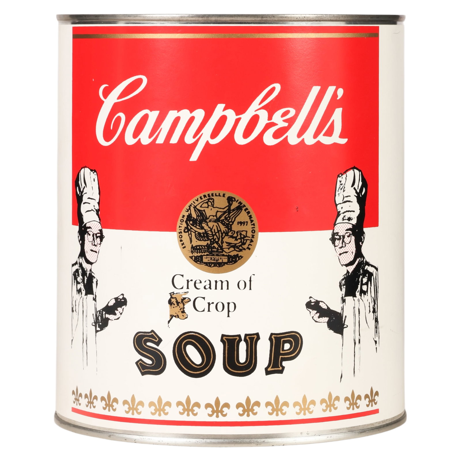 Michael McKenzie (b.1953) Cream of Crop Can SIGNED: Michael McKenzie (American, born 1953), Cream of Crop Soup, a graphic-labeled metal sculpture in the form of a Campbell's soup can, created in 1997. Referencing the legacy of Pop Art and commercial br