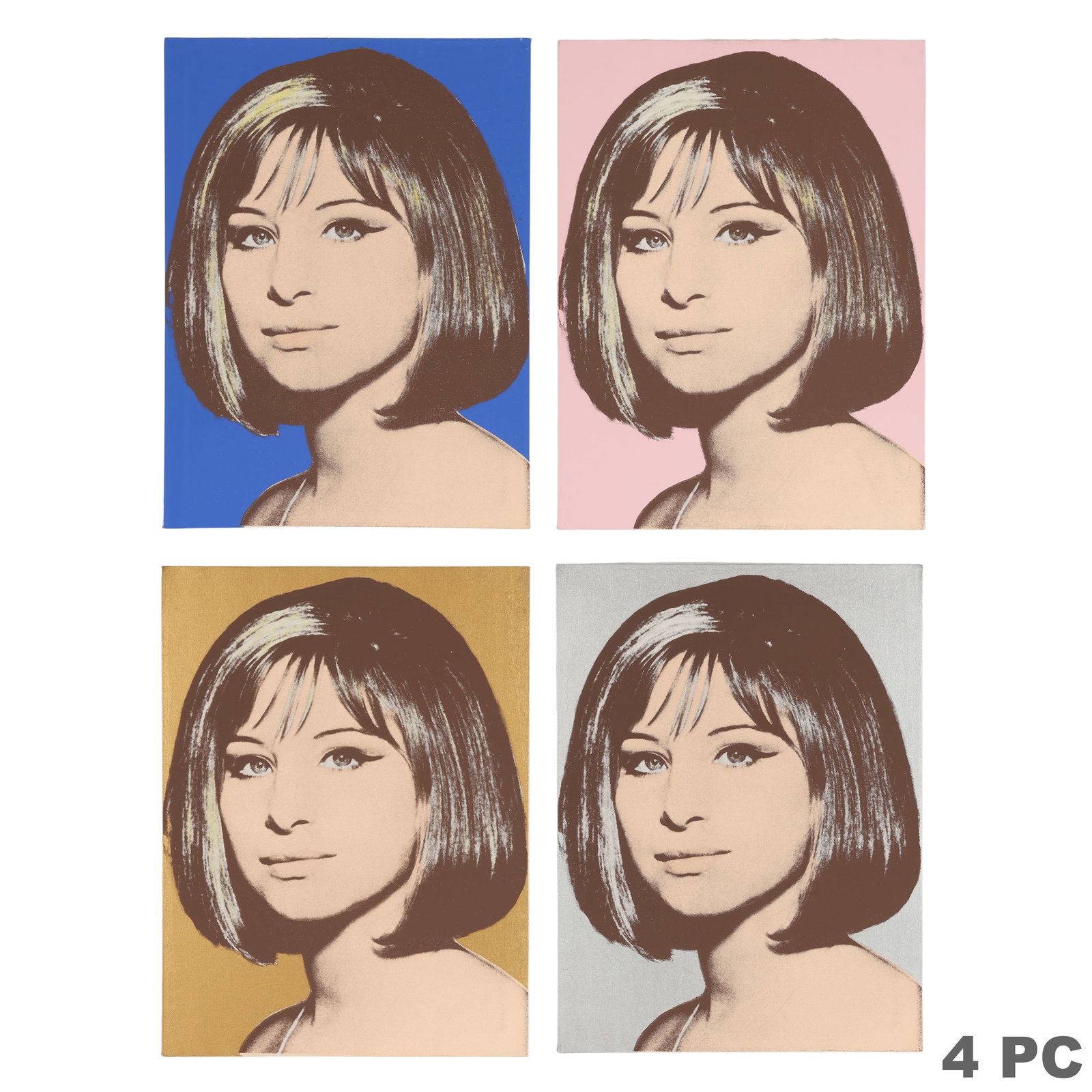 Michael Mckenzie b.1953 Barbara Streisand 4pc Suit: Michael McKenzie (American, born 1953), a quadriptych of four Pop Art-style portraits of Barbara Streisand, executed in mixed media silkscreen, oil, and vegetable dye on canvas. Created in 1995, each