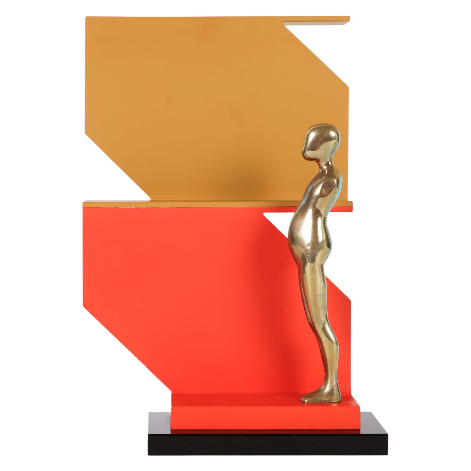 Ernest Trova 1927-209 Manscape LE Bronze Sculpture: Ernest Tino Trova (American, 1927-2009), Manscape, 1984, a limited edition cast bronze and painted steel sculpture. The work features a stylized nude male figure in polished bronze, positioned against