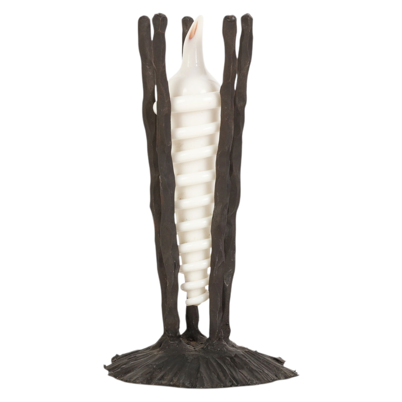 Steven Tobin b.1957 Metal & Glass Cocoon Sculpture: Steven Tobin (American, born 1957), Cocoon, a mixed media sculptural composition featuring a suspended white glass spiral form encapsulated within an open framework of forged and cast metal rods. The