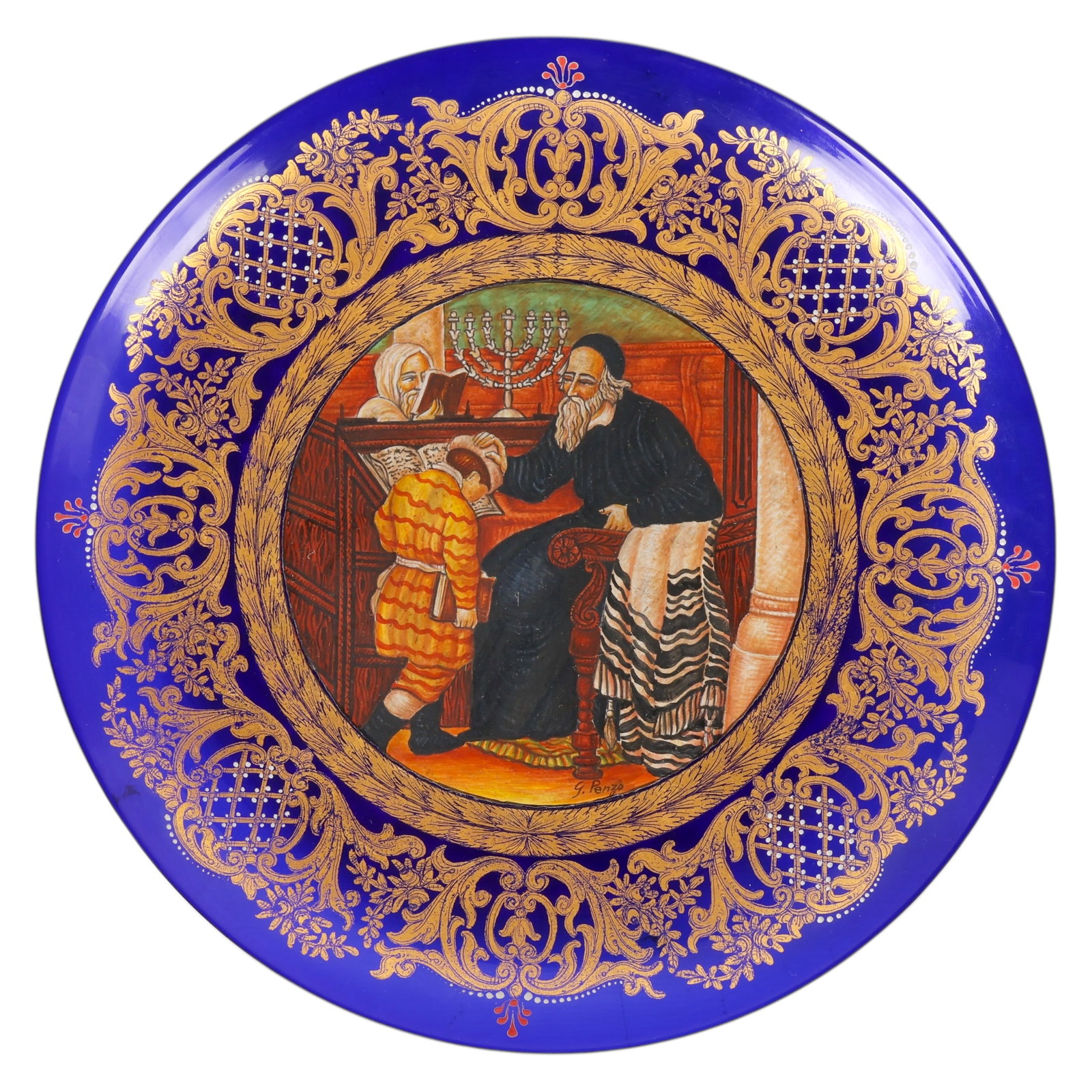 Venetian Cobalt Blue Glass Enameled Plate SIGNED: Antique Venetian cobalt blue glass Judaica plate, finely hand-decorated in the Moser style with gilt and enamel detailing. The central medallion features a rabbi blessing a child before a menorah, exe