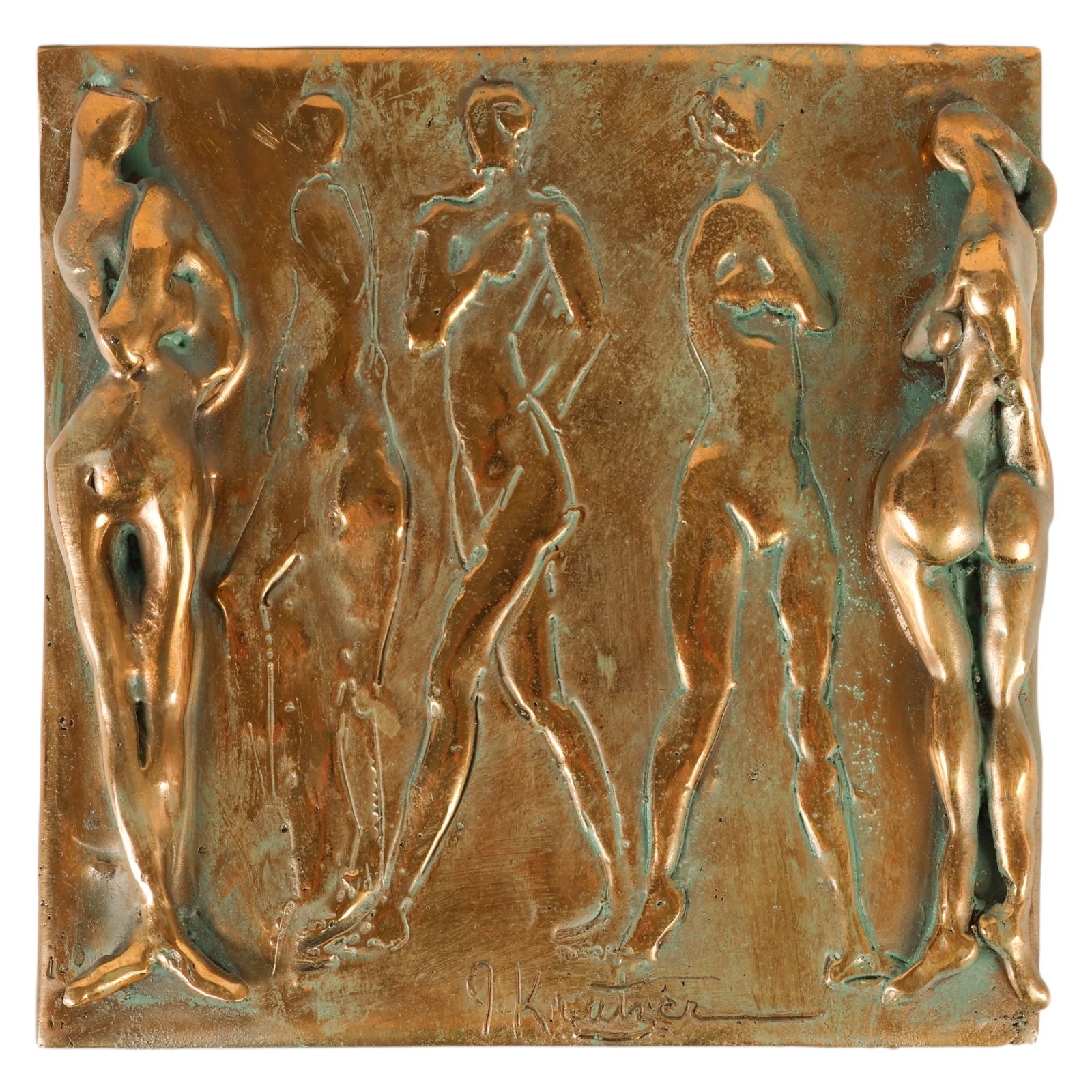 Jack Kreutzer 20C. Figural Nude Bronze Wall Plaque: Jack Kreutzer (American, 20th century), a bronze figural relief wall plaque depicting five stylized standing nude figures in varied poses, rendered in low relief with sculptural modeling and expressiv