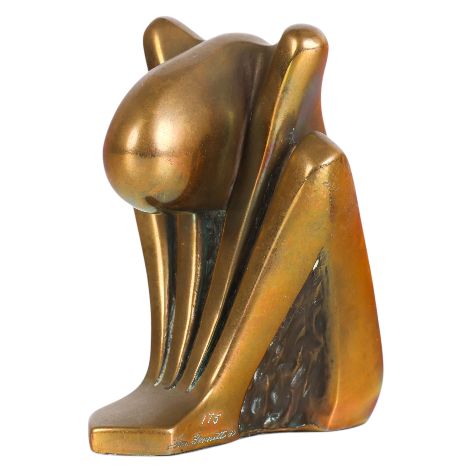 Tom Bennet b.1928 Modern Bronze Figural Sculpture: Tom Bennett (American, born 1928), a bronze figural sculpture created in 1980, featuring a stylized abstract form with smooth, flowing curves and contrasting textured inset detail. The work reflects B