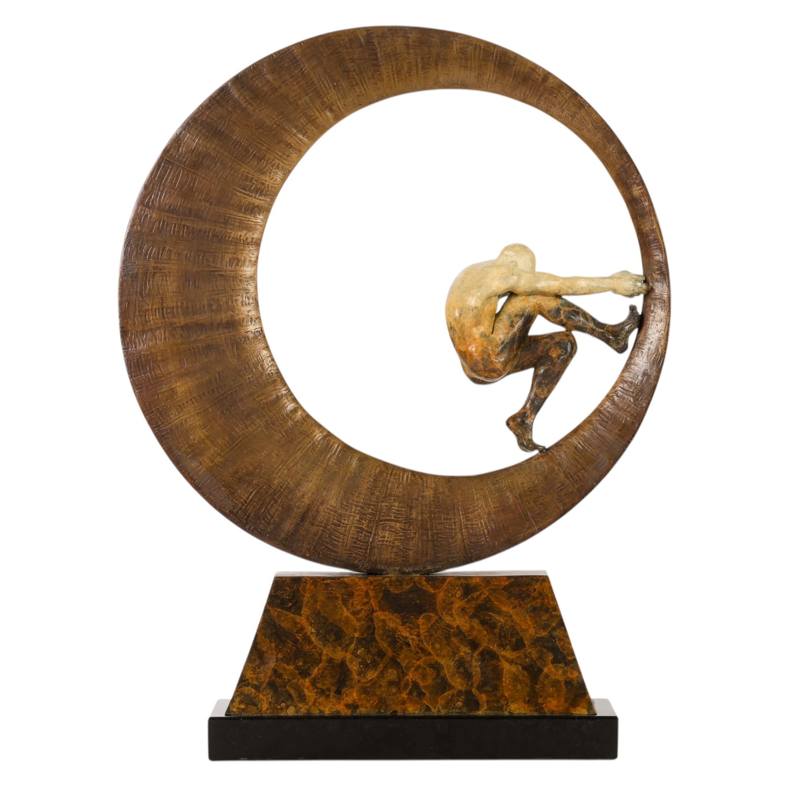 Wendy Salin 20C. Inner Struggle Bronze Sculpture: Wendy Salin (American, 20th/21st century), Inner Struggle, a patinated bronze sculpture depicting a stylized nude male figure suspended within a large circular form, symbolizing balance and internal c