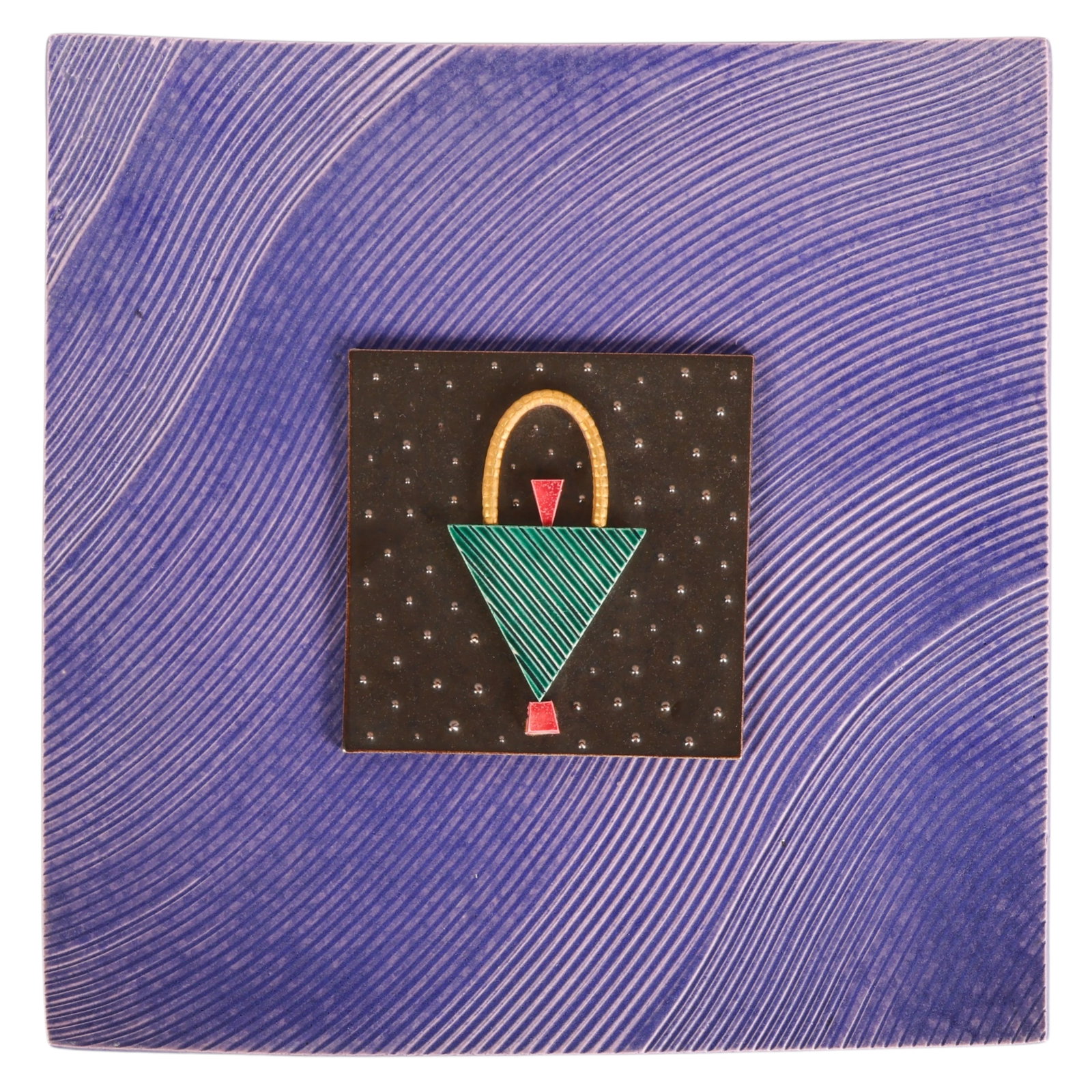 Memphis Post Modernist Art Pottery Charger SIGNED: Post-modern Memphis Style studio art pottery wall hanging charger featuring a bold, abstract geometric design in vibrant teal, red, and yellow, set over a textured ground. The square, slightly concave