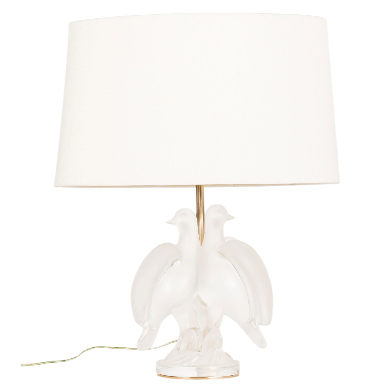 Lalique French Crystal Figural Ariane Doves Lamp: Lalique French crystal Ariane table lamp featuring twin doves sculpted in frosted and clear crystal, mounted on a bronzed metal base. The figural composition supports a two-light fixture and is topped