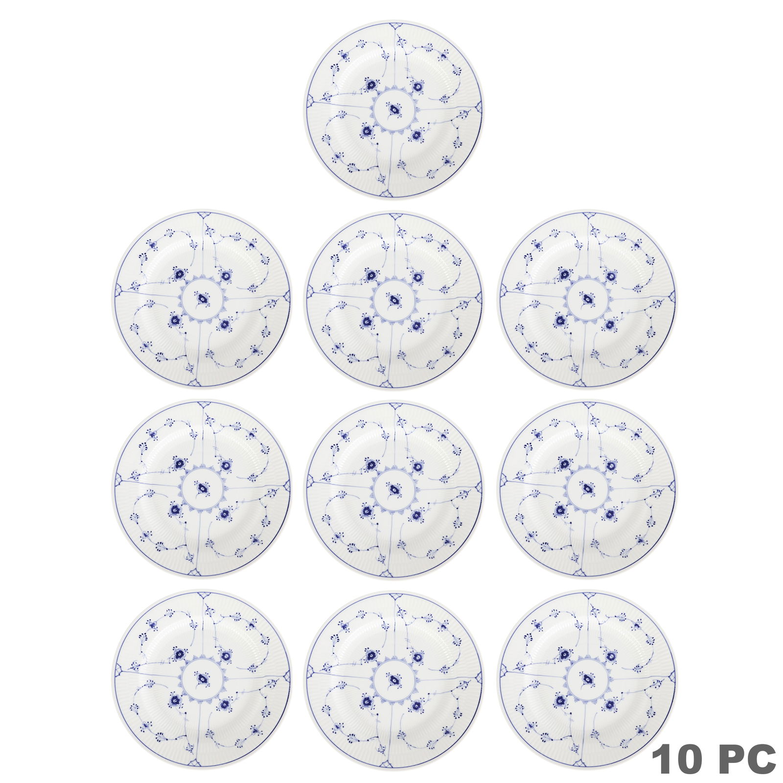 Royal Copenhagen Blue Fluted Plain 10" Plates SET: Royal Copenhagen, a set of ten Blue Fluted Plain Lace pattern dinner plates, each finely hand-painted with cobalt blue floral decoration on white ribbed porcelain. The plates feature the classic open