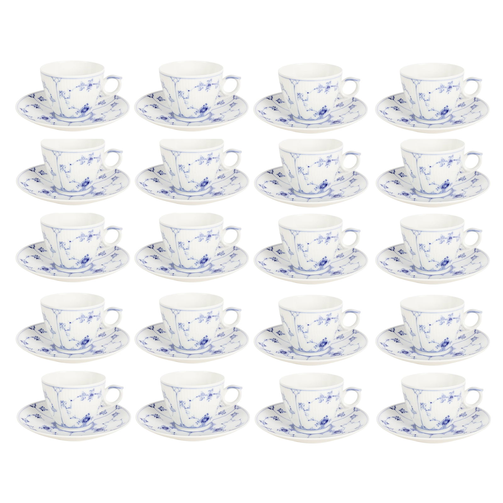 Royal Copenhagen Fluted Plain Teacup & Saucer LOT: Royal Copenhagen, lot of forty Blue Fluted Plain Lace pattern porcelain pieces, including twenty cups and twenty matching saucers. Each piece features hand-painted cobalt blue floral decoration on cla
