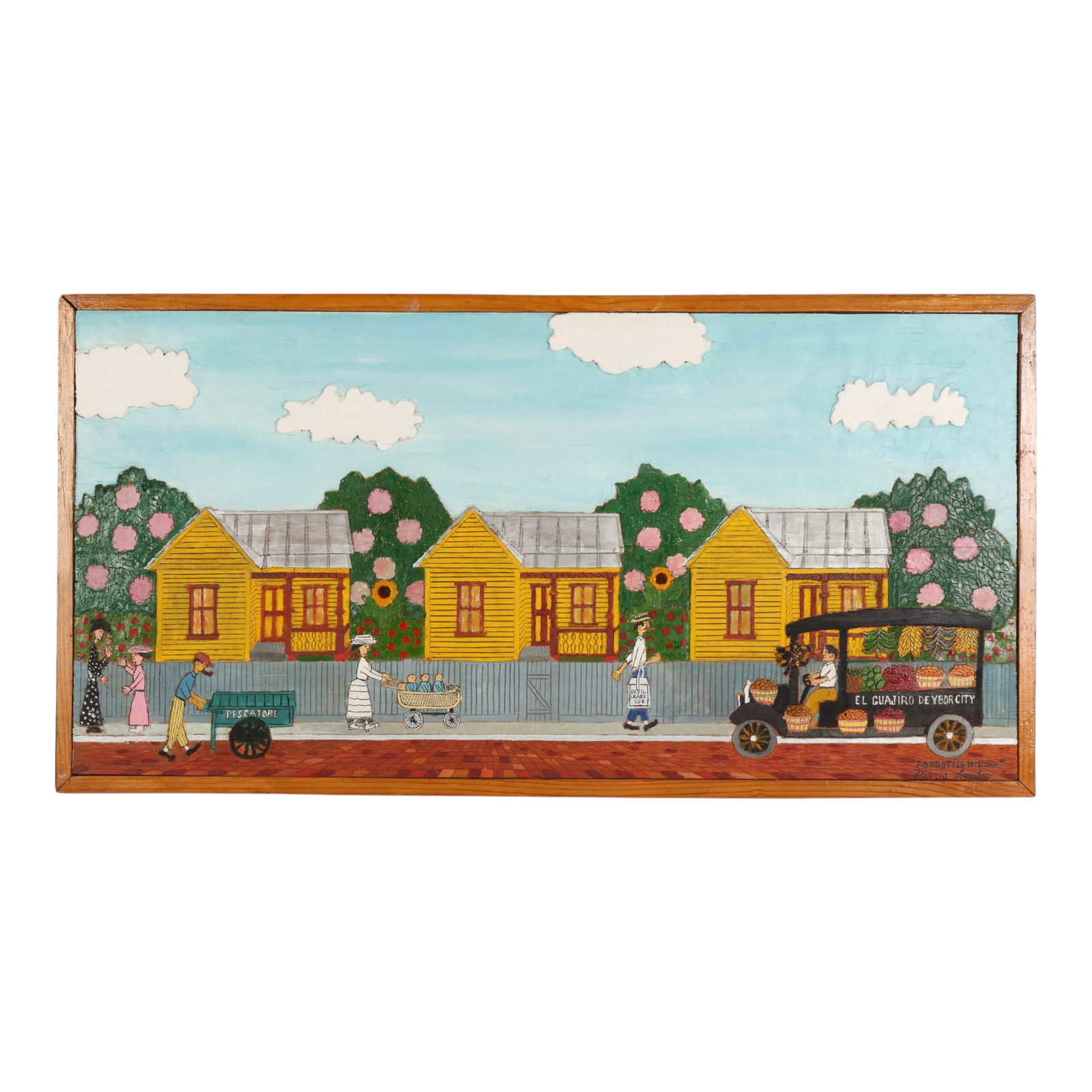 Mario Sanchez 1908-2005 Key West Forgotten History: Mario Sanchez (Cuban-American, 1908-2005), Forgotten History (Key West), 1970. Original oil on carved and painted wood relief depicting a vibrant Key West street scene. The composition features multip