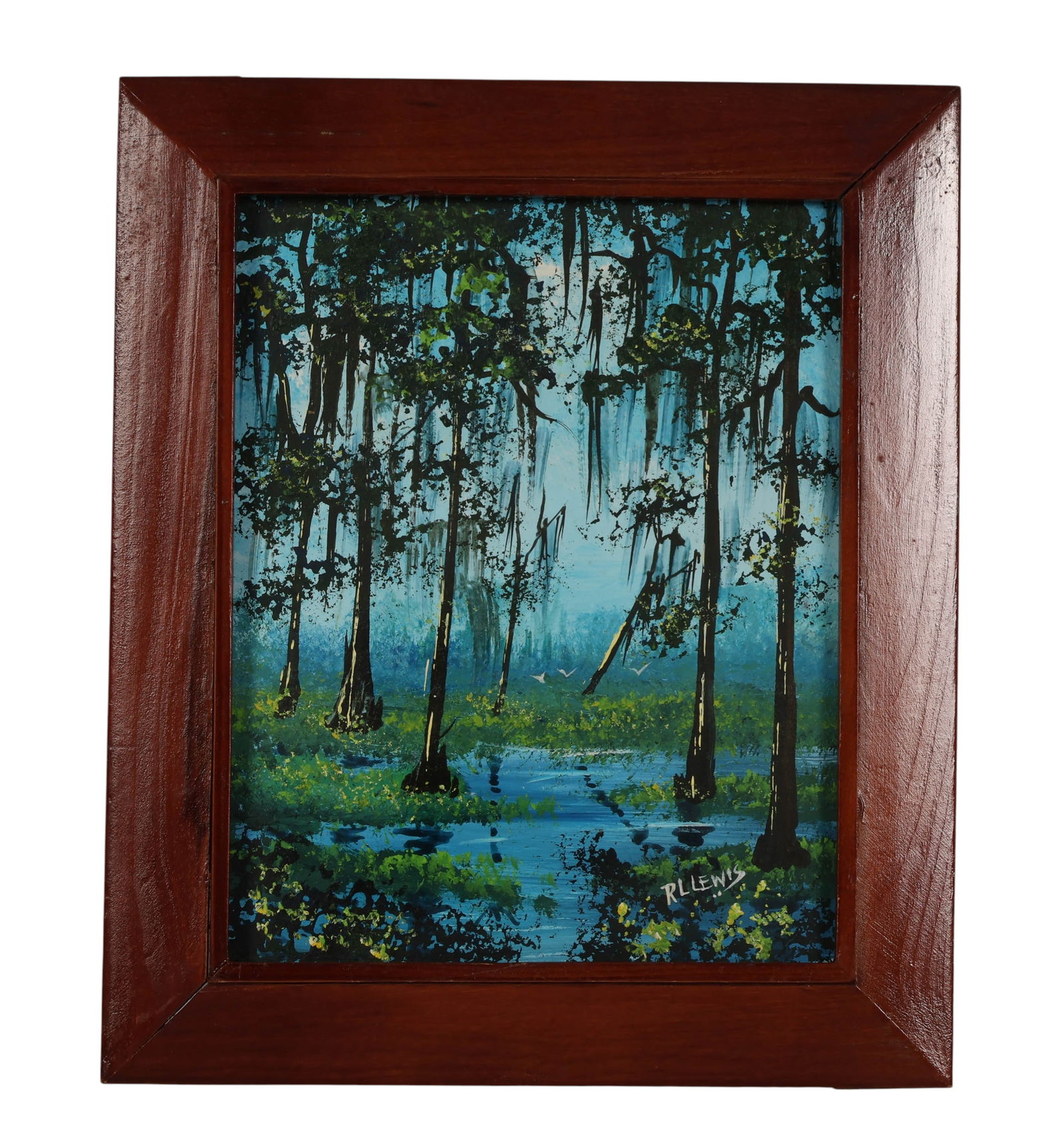 Robert RL Lewis (1941-2026) FL Highwaymen Painting: Robert R. L. Lewis (American, 1941-2026), Florida Highwayman School oil painting on canvas board depicting a wetland landscape with trees and water. The work is executed in oil on board and is signed