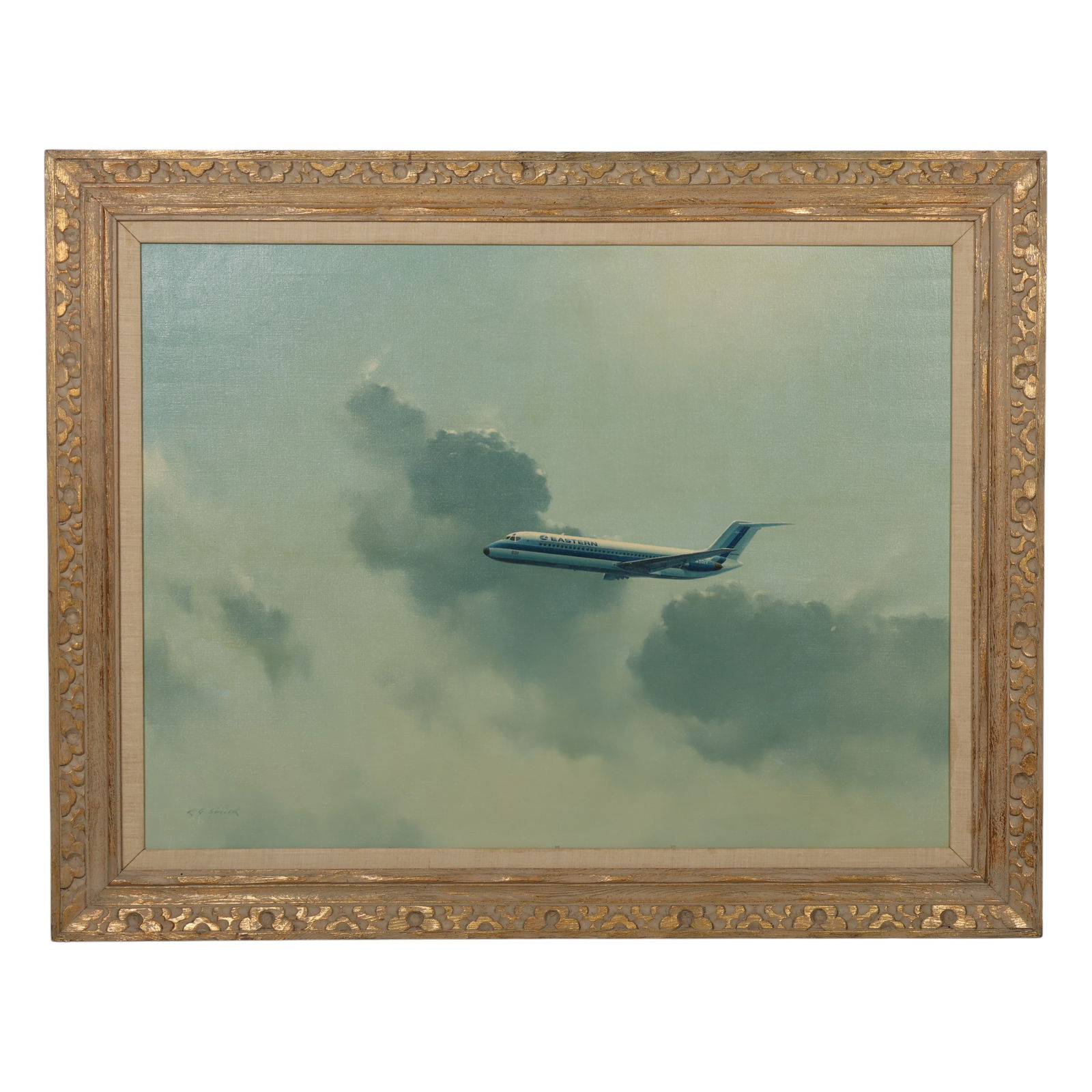 R.G.Smith 1914-2001 Eastern Plane Painting w/ Book: Robert Grant R.G. Smith (American, 1914-2001), an original oil painting on canvas depicting an Eastern Airlines commercial aircraft in mid-flight, shown in profile against a backdrop of softly clouded