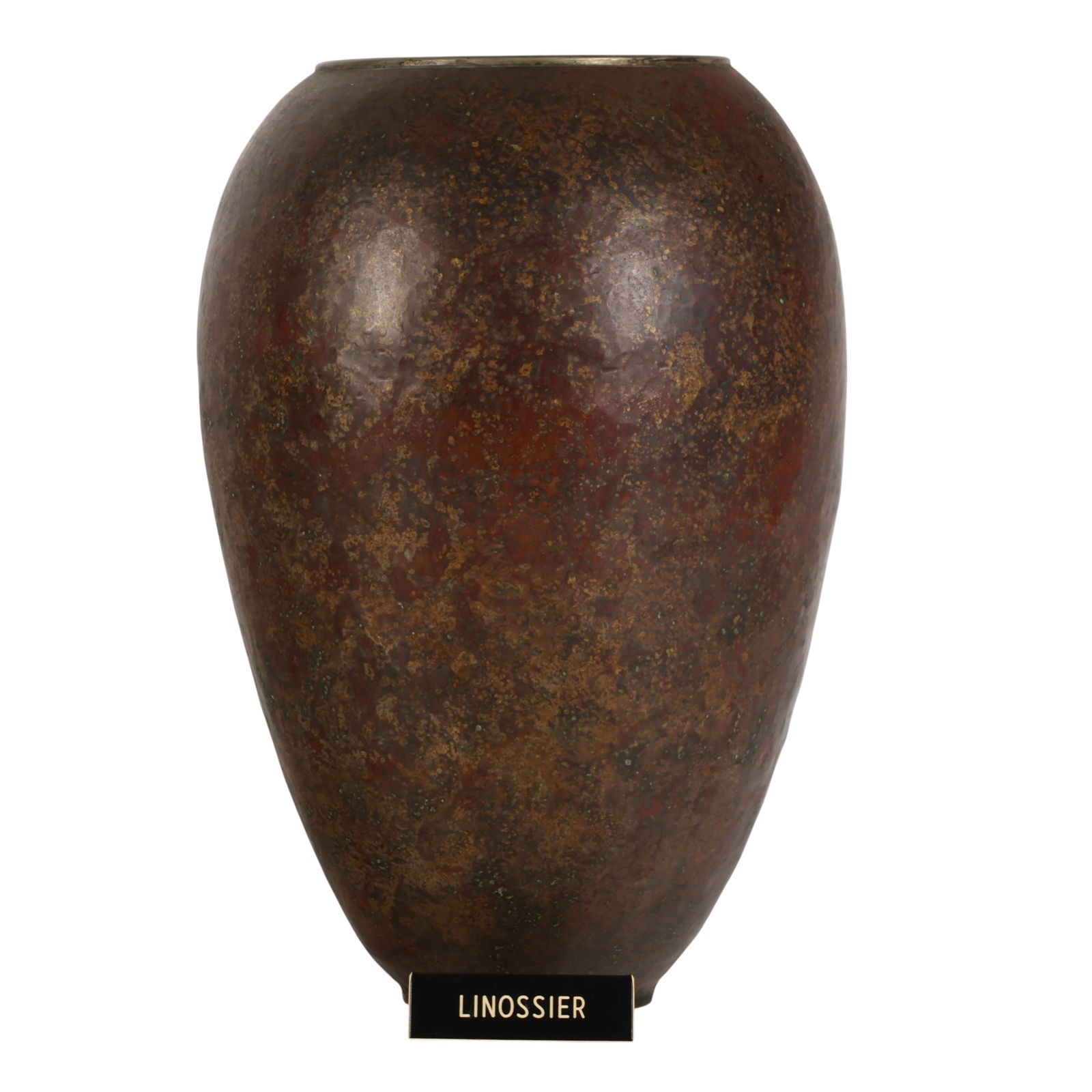 Claudius Linossier 1893-1953 Metal 11" Vase SIGNED: Claudius Linossier (French, 1893-1953), Antique handcrafted metal vessel featuring a classic ovoid form with a subtly flared rim. The surface is finely worked, showing Linossiers signature mastery of